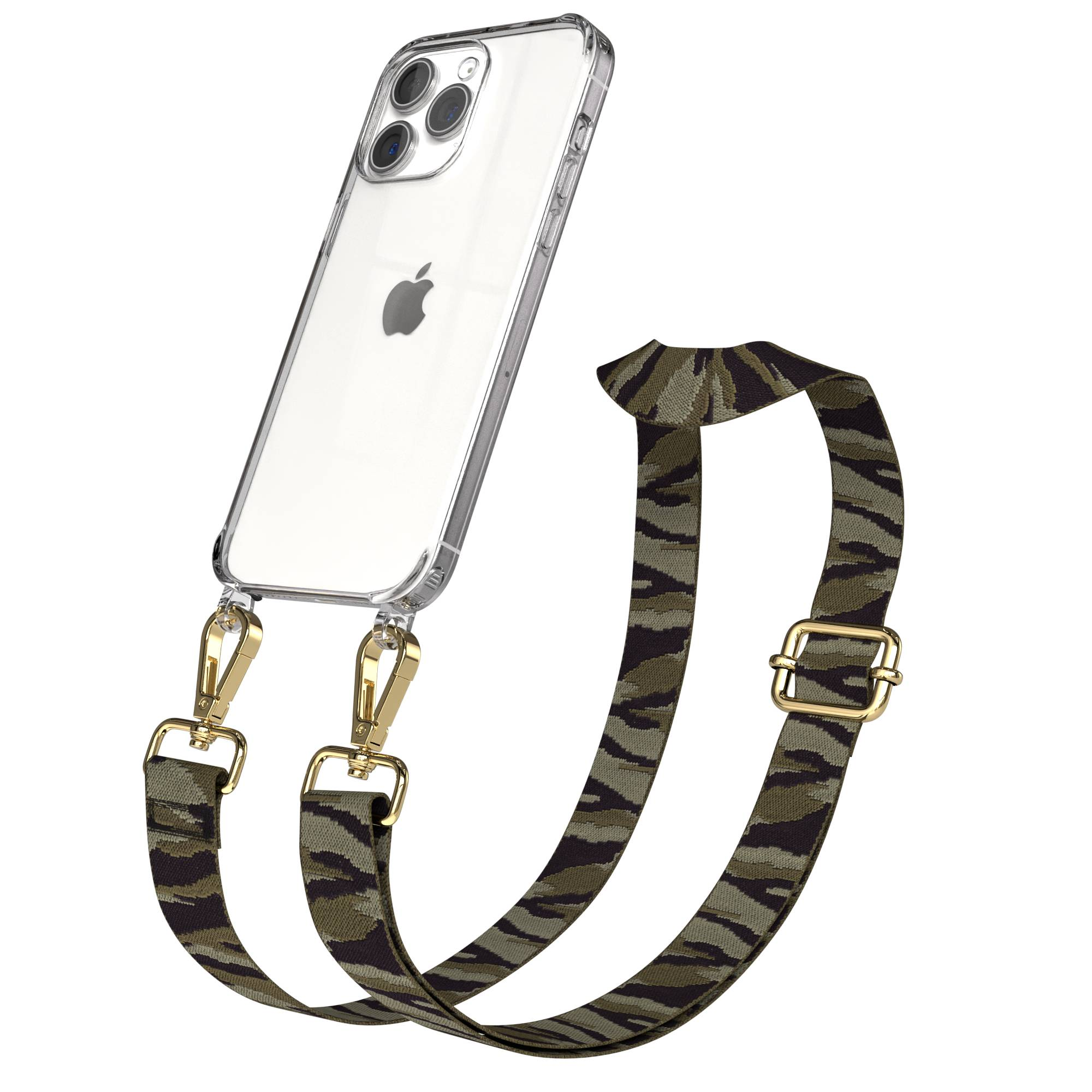 Eine durchsichtige iPhone-Hülle mit Camouflage-Gurt und goldener Hardware.
