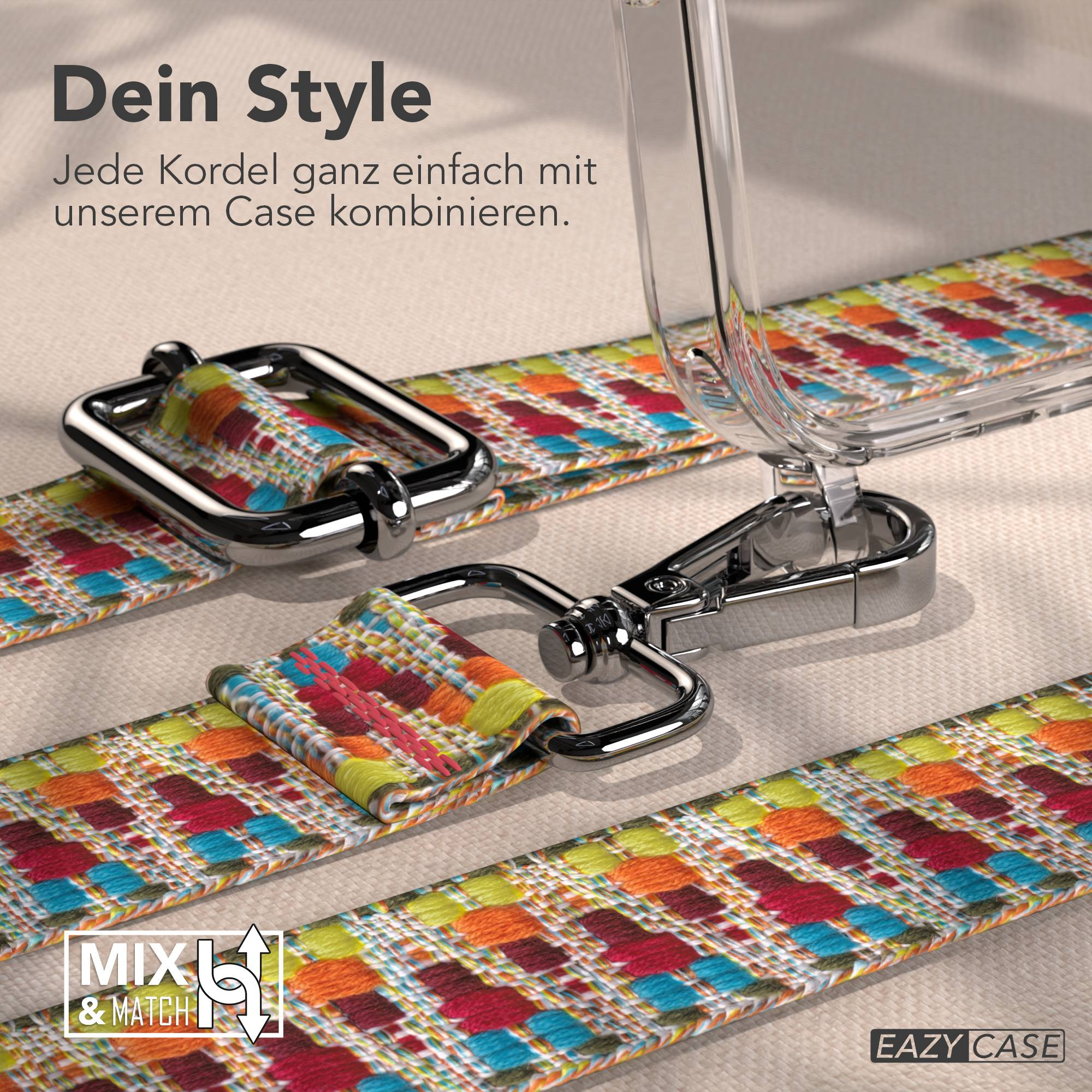 Ein bunt gemustertes Band mit silbernen Verschlüssen und Hülle.