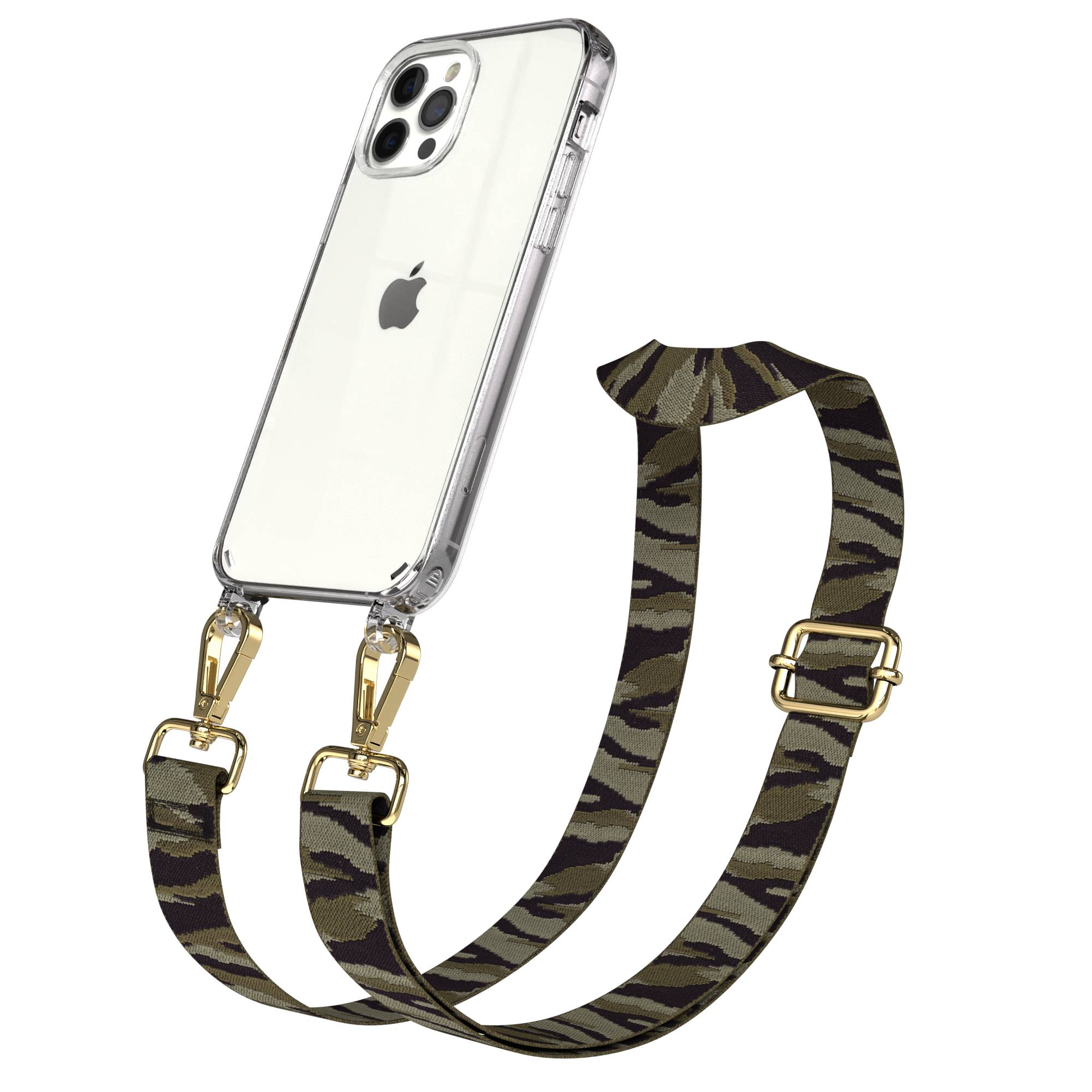 Eine durchsichtige iPhone-Hülle mit Camouflage-Gurt und goldenen Verschlüssen ist auf weißem Hintergrund abgebildet.