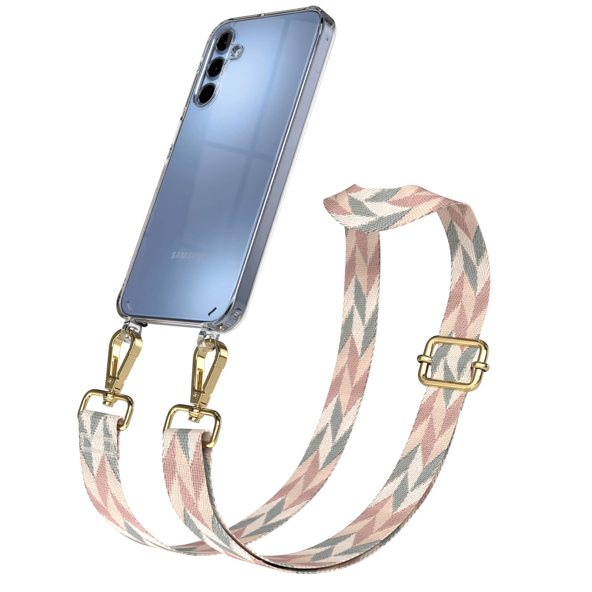 Ein durchsichtiges Handy mit einem gemusterten Gurt in Rosa, Grau und Beige.