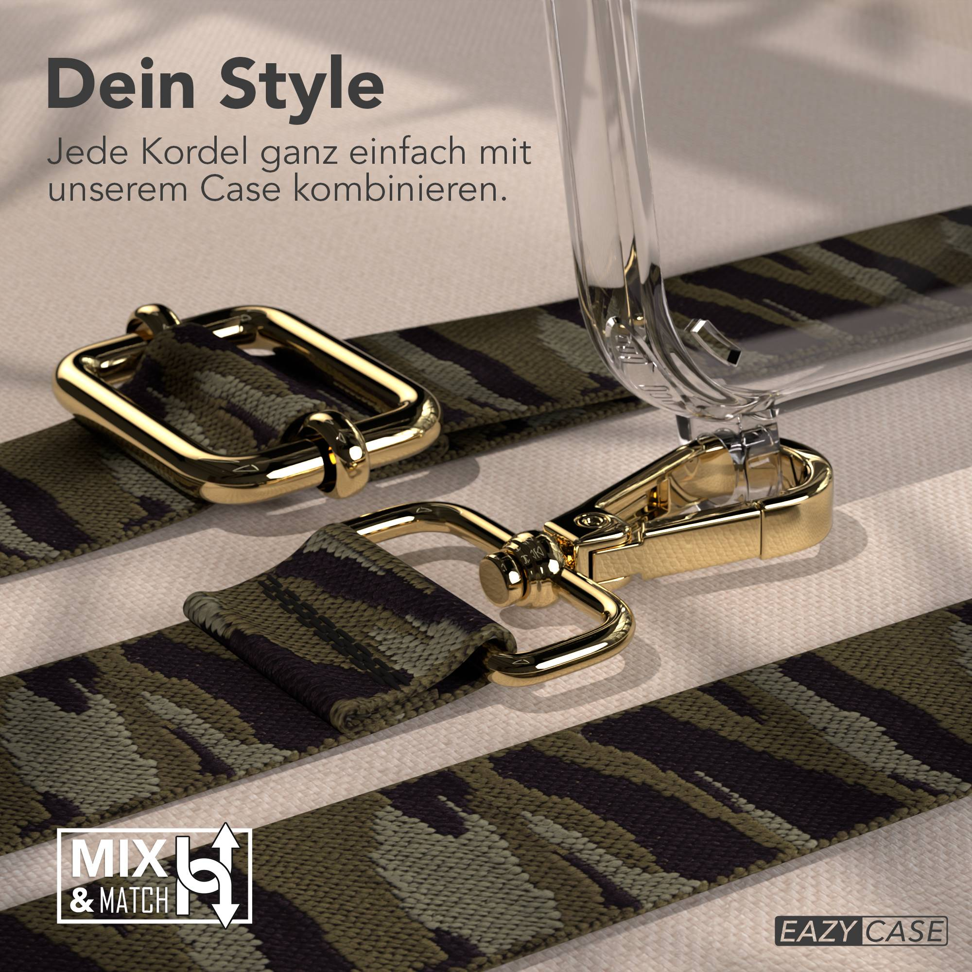 Eine transparente Handyhülle mit einem Tarnmuster-Band und goldenen Beschlägen.