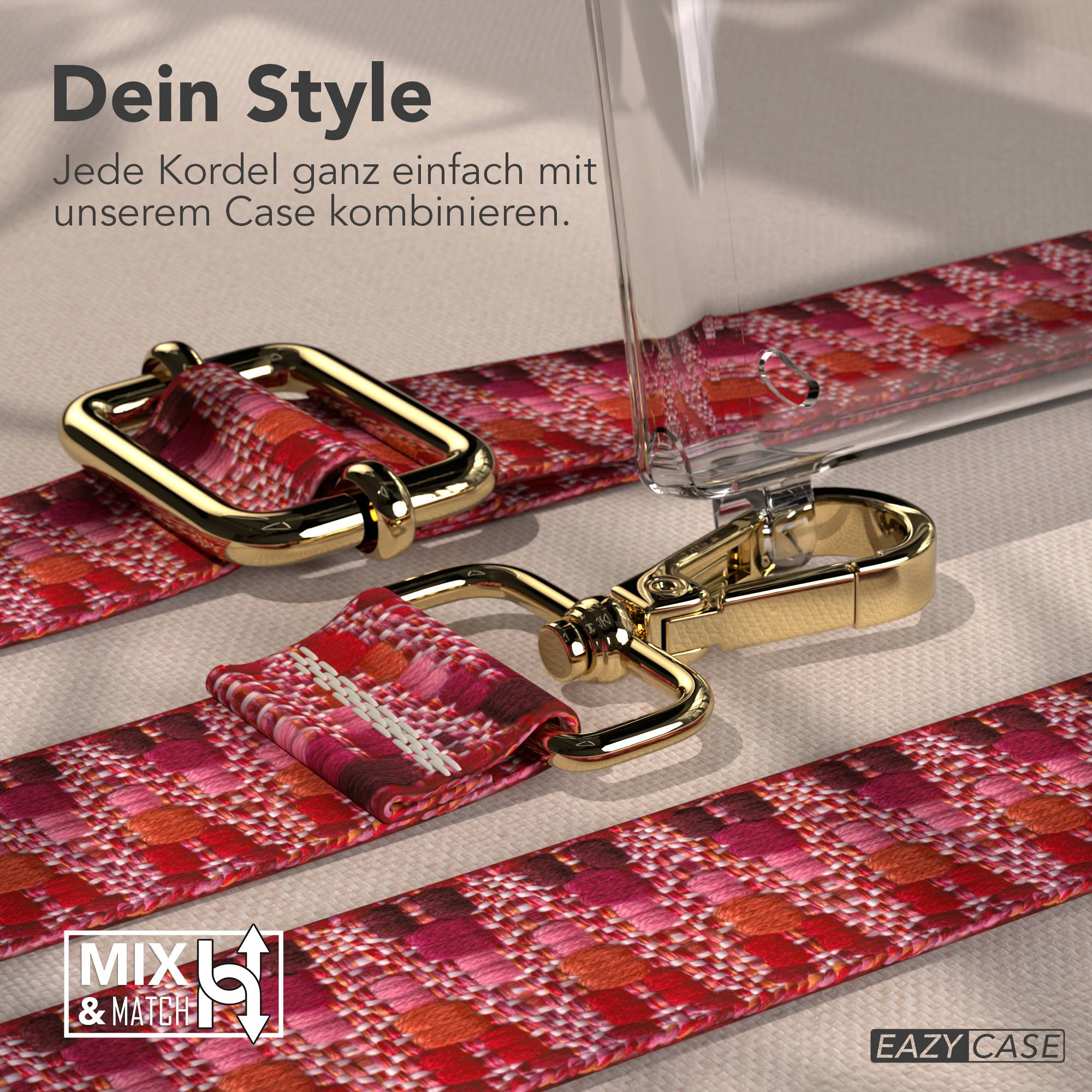 Ein rotes Band mit goldenen Schnallen und einem transparenten Handyhülle-Detail.