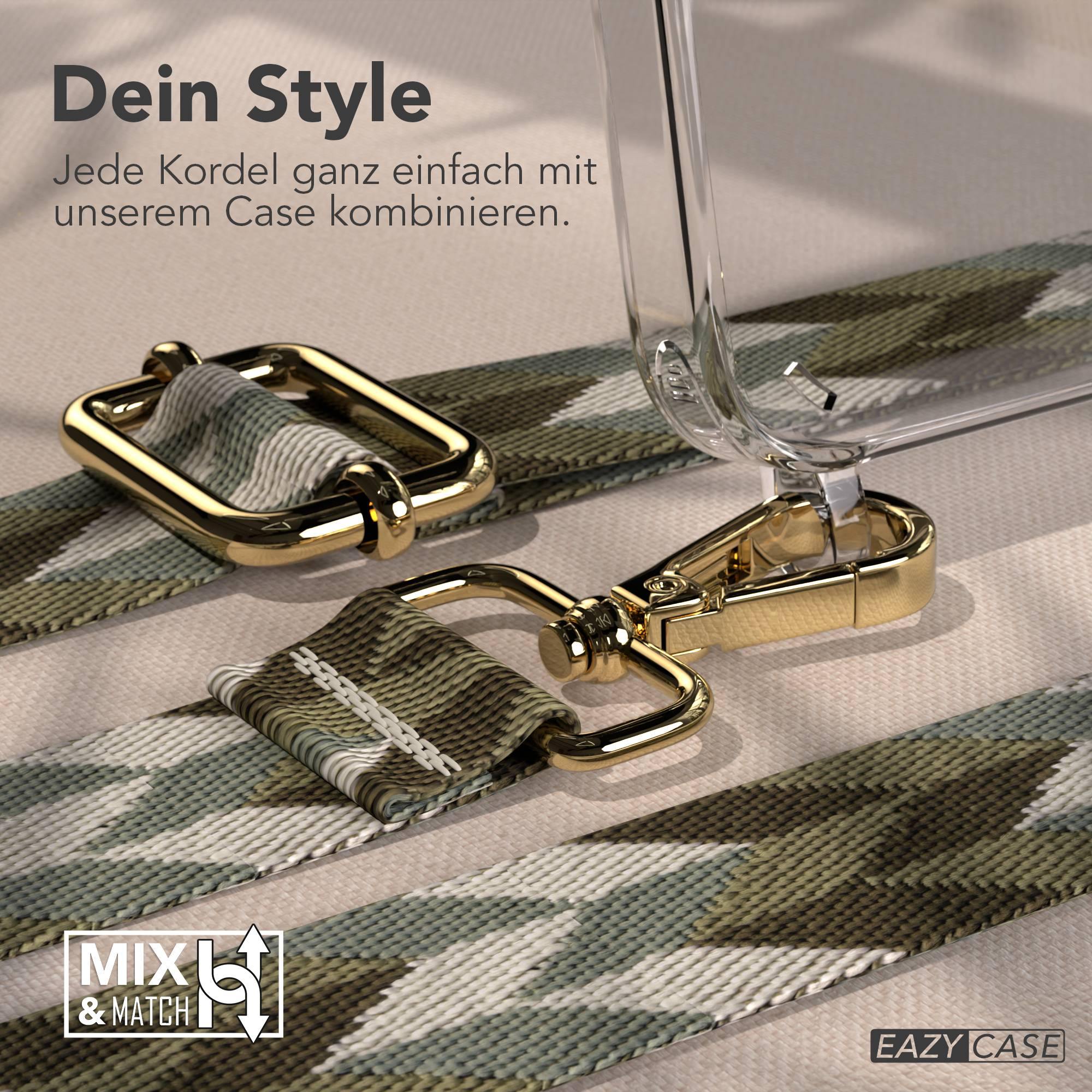 Ein transparenter Handyhülle mit einem Camouflage-Muster-Riemen und goldenen Beschlägen.