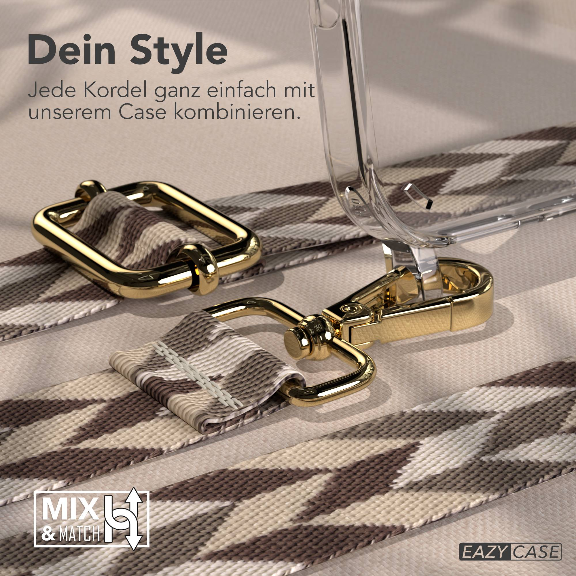 Goldene Karabinerhaken mit einem gemusterten Band und einem transparenten Handyhülle.