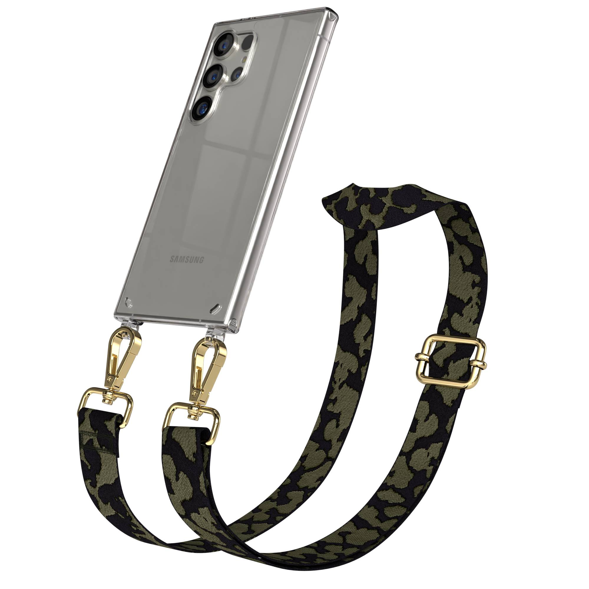 Ein transparentes Samsung Handy mit Leopardenmuster-Tragriemen und goldenen Verschlüssen.