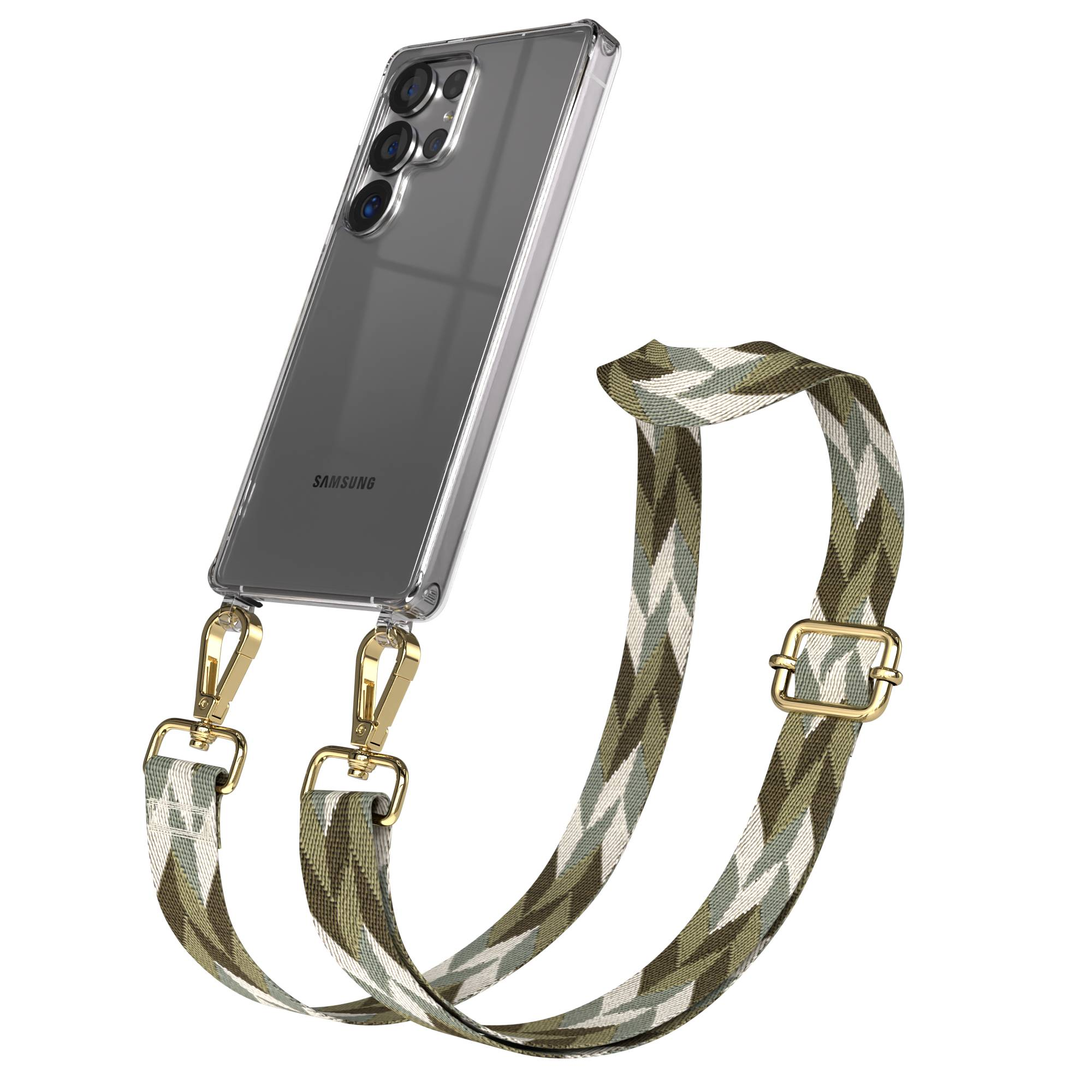 Ein Smartphone in einer klaren Hülle mit einem Camouflage-Gurt mit goldenen Beschlägen.