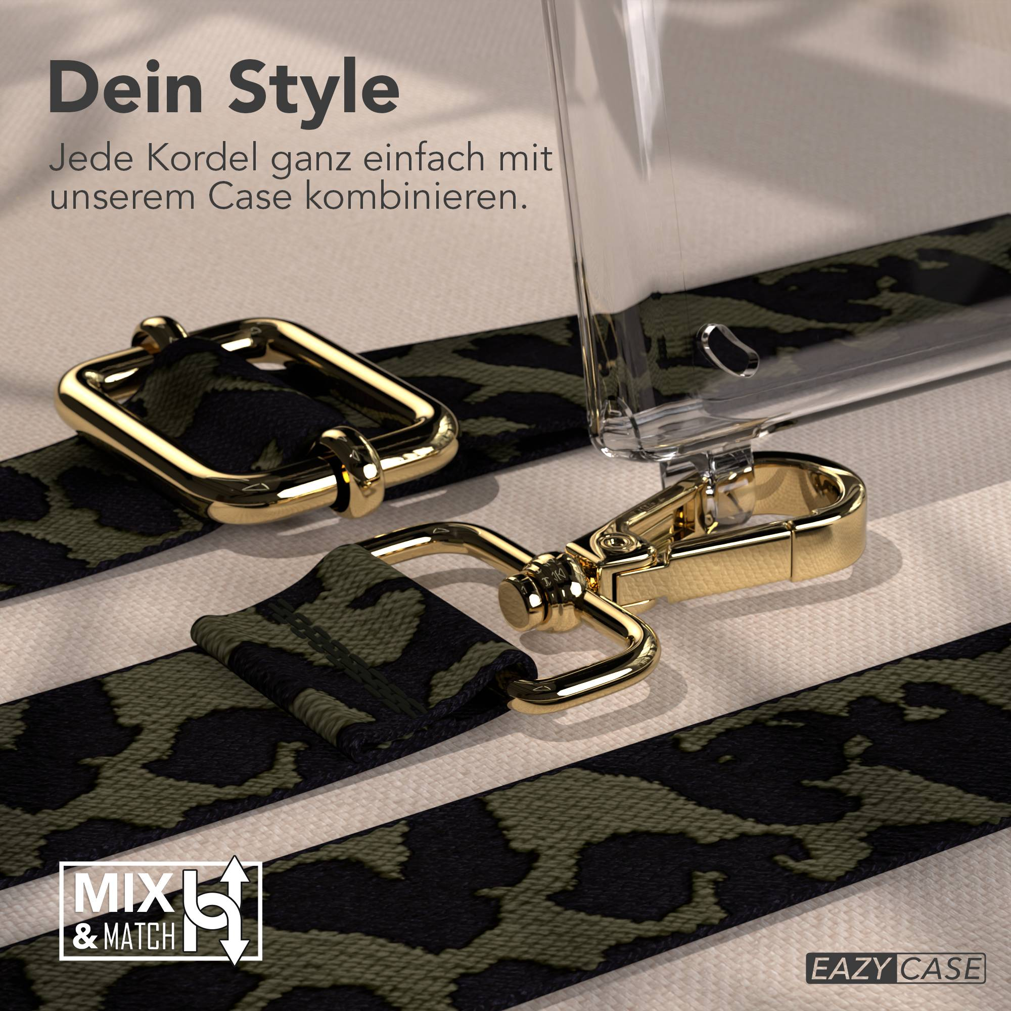 Ein getarntes Band mit goldenen Schnallen und einem transparenten Koffer.