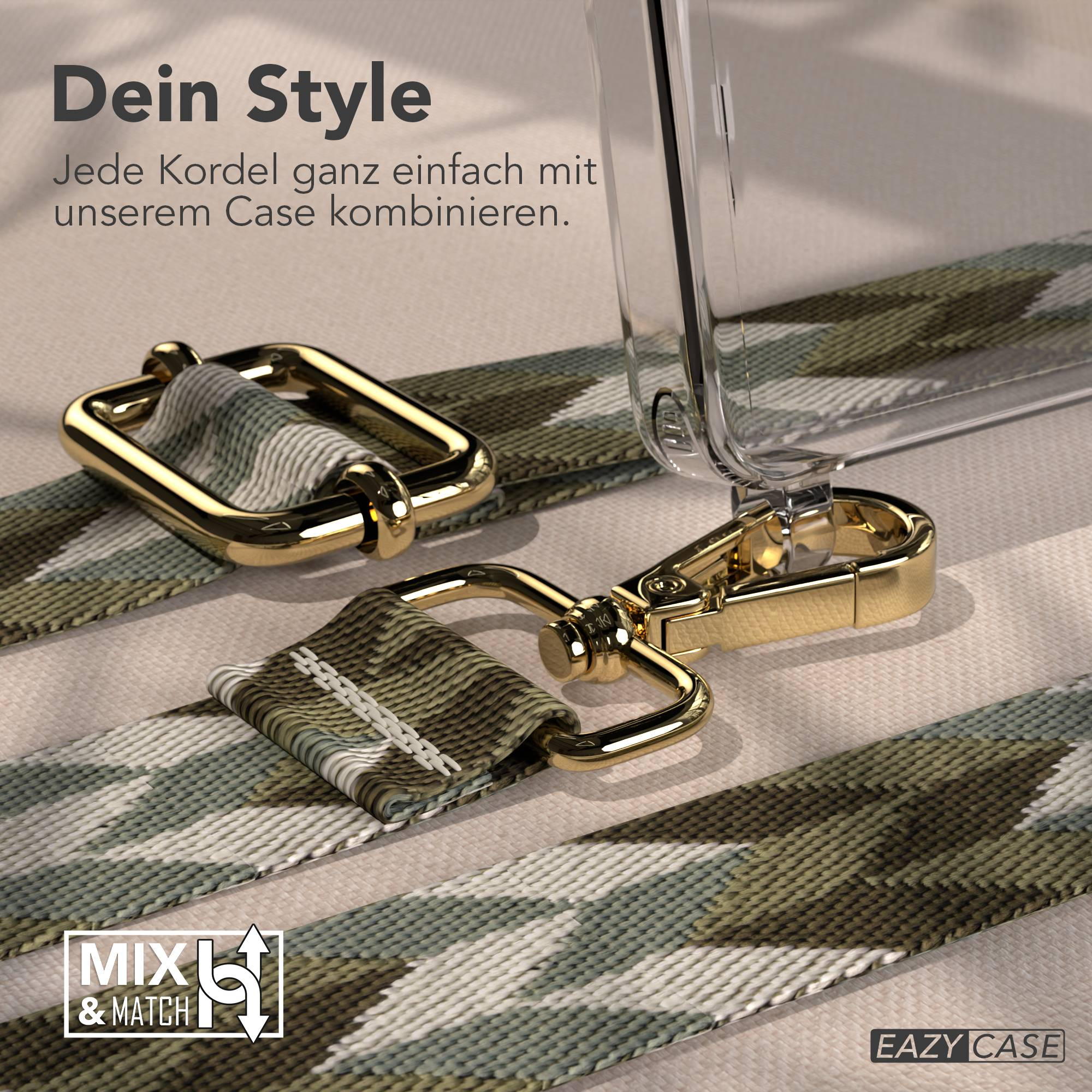 Ein durchsichtiges Handyhülle mit einem Tarnmuster-Band und goldenen Schnallen.