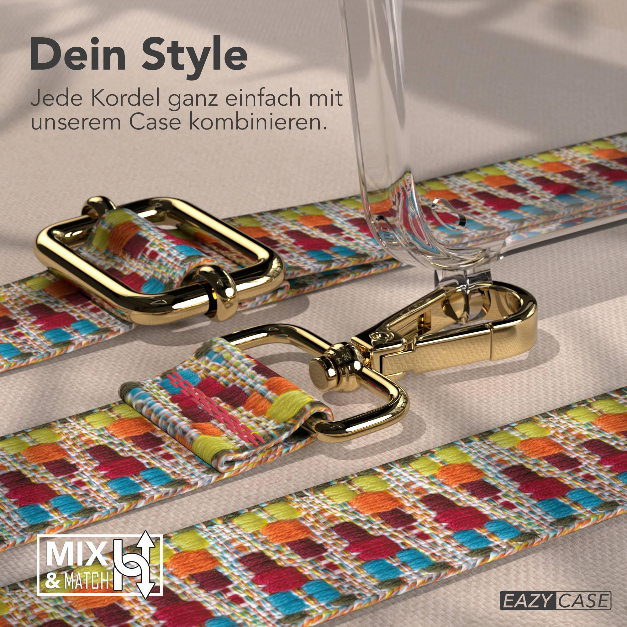 Buntes gewebtes Band mit goldener Hardware und klarem Case-Rand. Text: Dein Style.