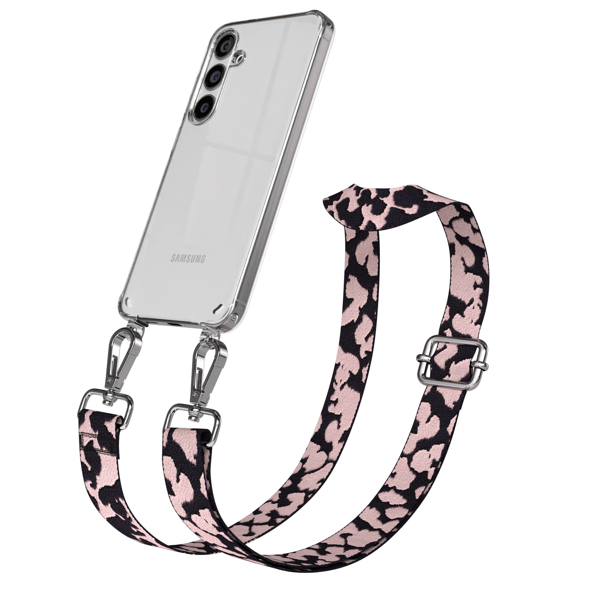 Ein durchsichtiges Samsung-Handy mit einem Leopardenmuster-Trageriemen in Rosa und Schwarz.