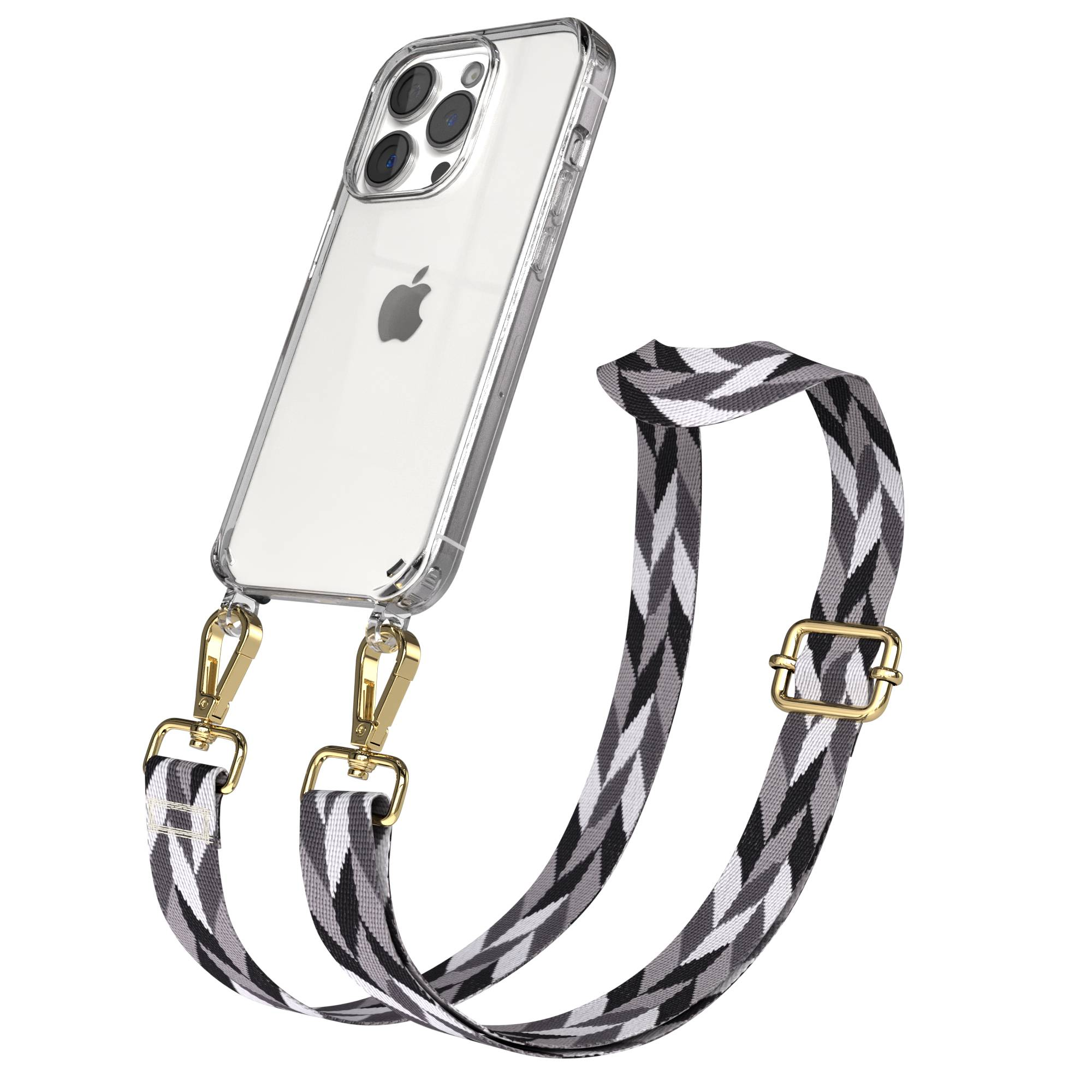 Transparente Handyhülle mit schwarz-weiß-grauem gemustertem Riemen, befestigt mit goldenen Clips.