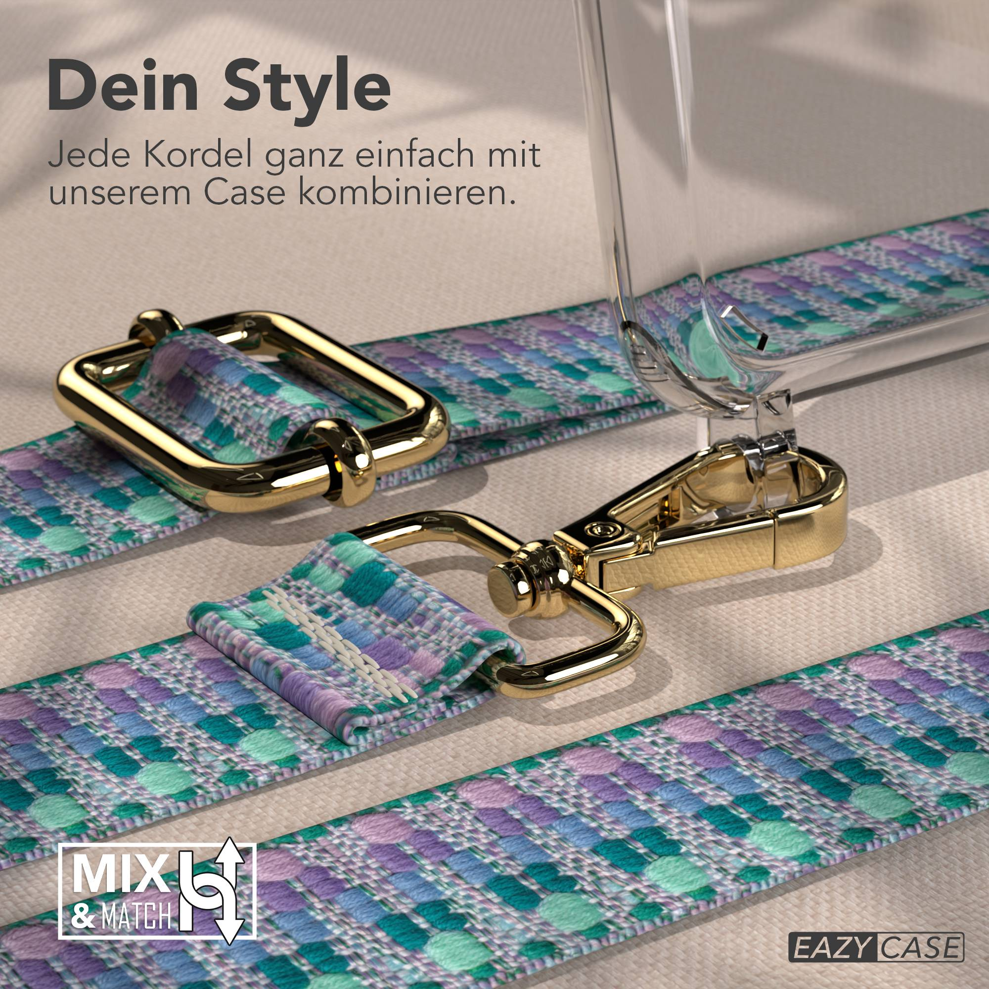 Ein gemustertes Band mit goldenen Schnallen und einem transparenten Gehäuse.