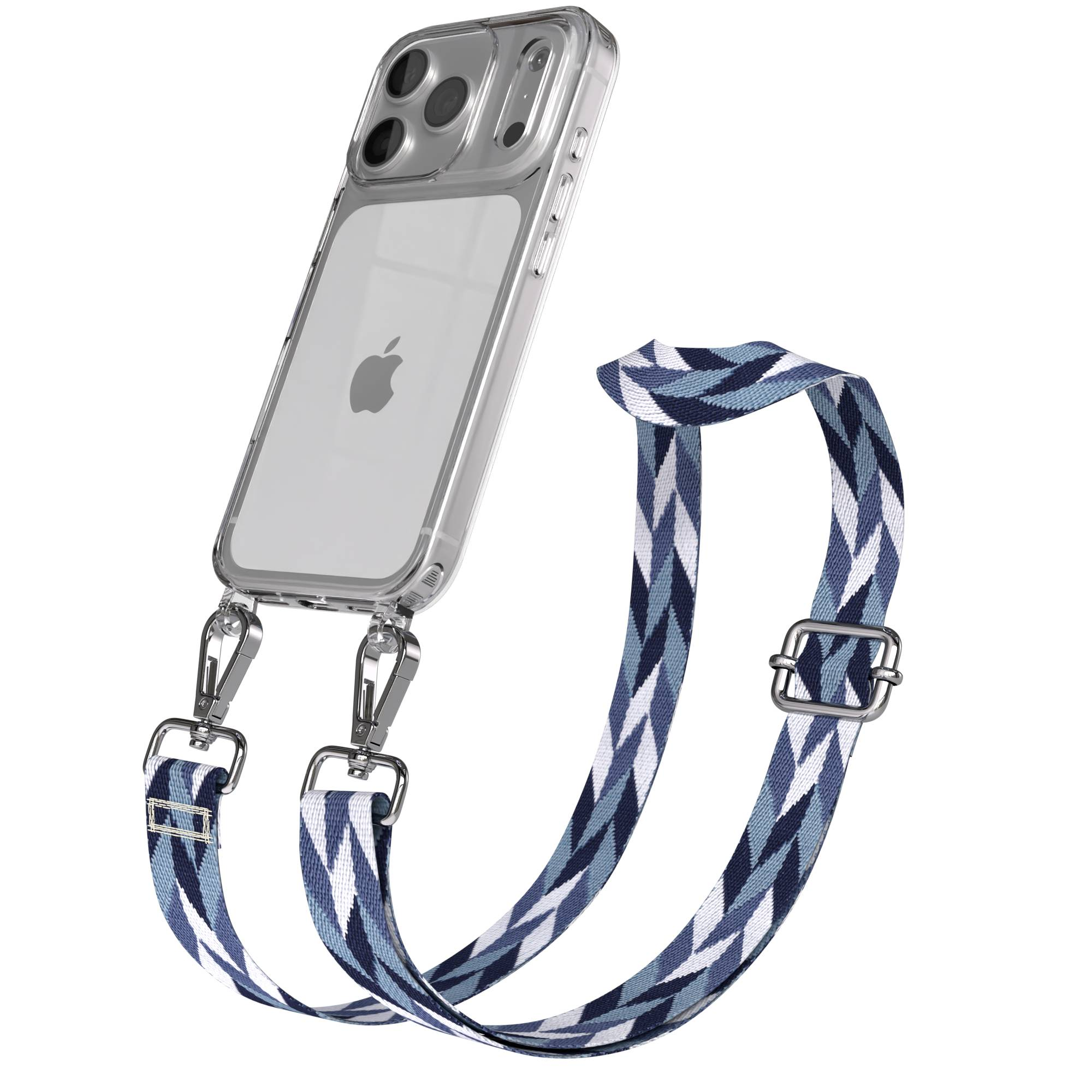 Klare iPhone-Hülle mit einem angebrachten blau-weiß-grau gemusterten Gurt.
