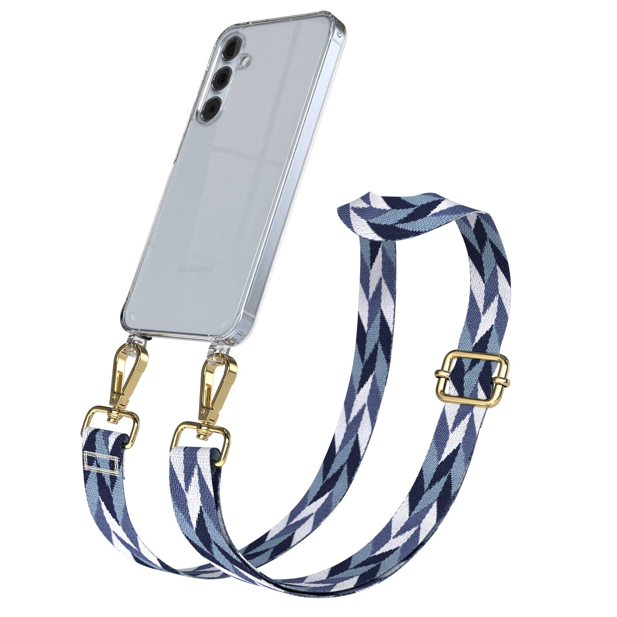 Ein transparenter Handyhülle mit einem blauen Zickzackgurt und goldenen Beschlägen.