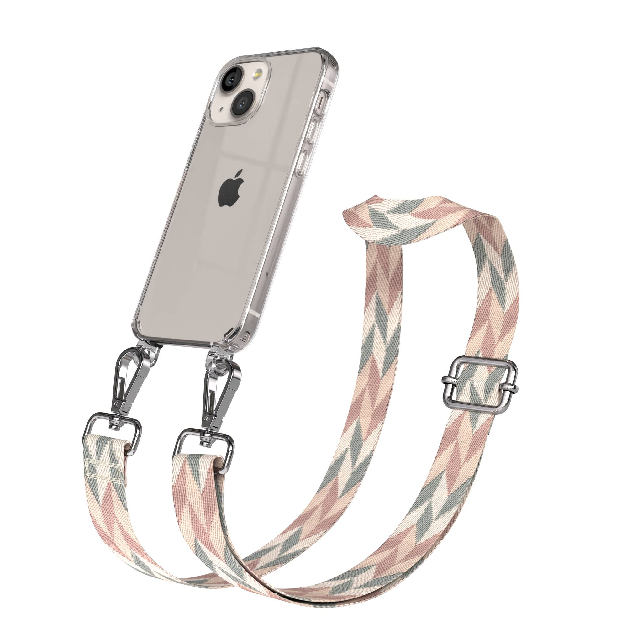 Transparente Handyhülle mit einem gemusterten Gurt in Rosa, Beige und Grün.