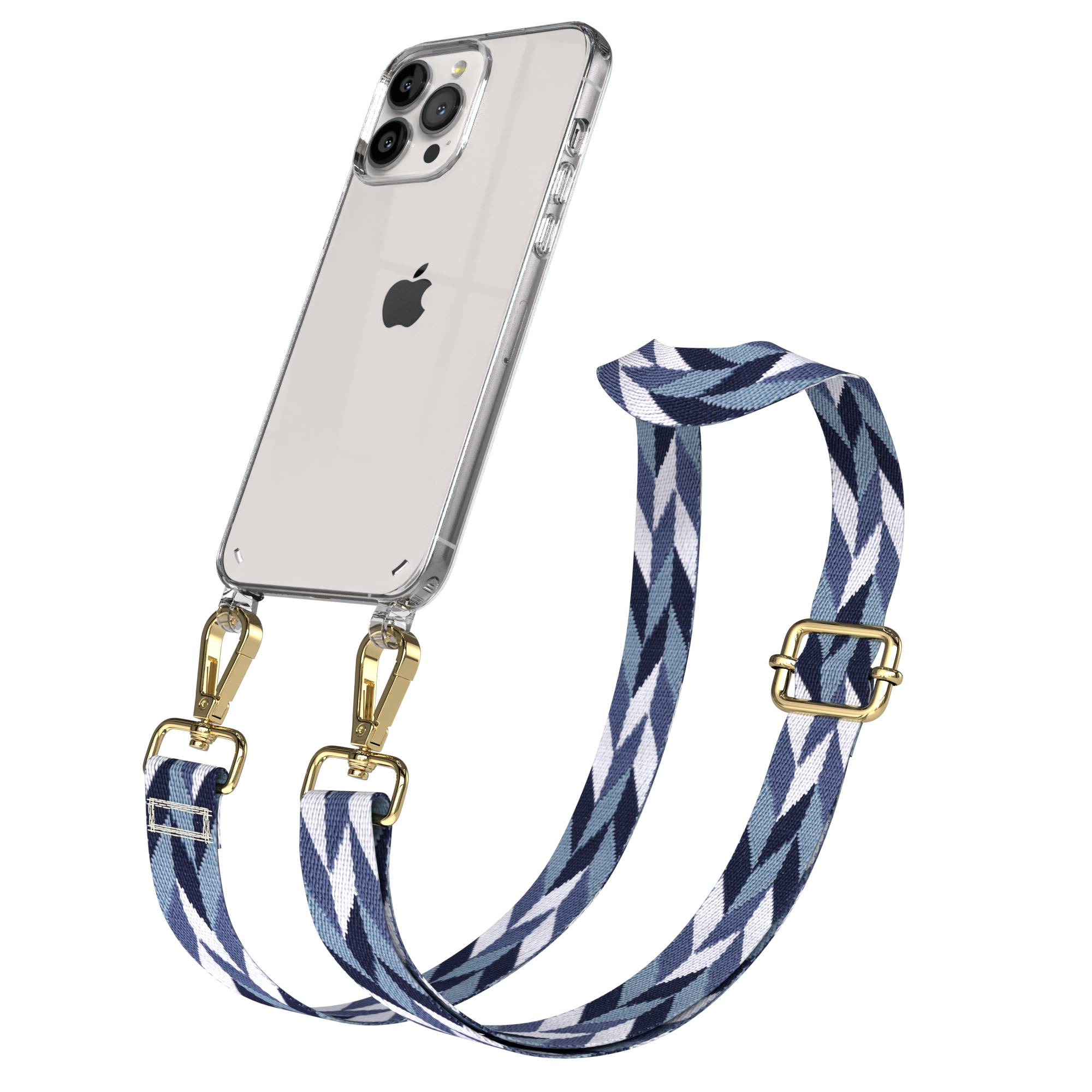 Ein transparentes iPhone mit einem blauen, weißen und grauen Riemen