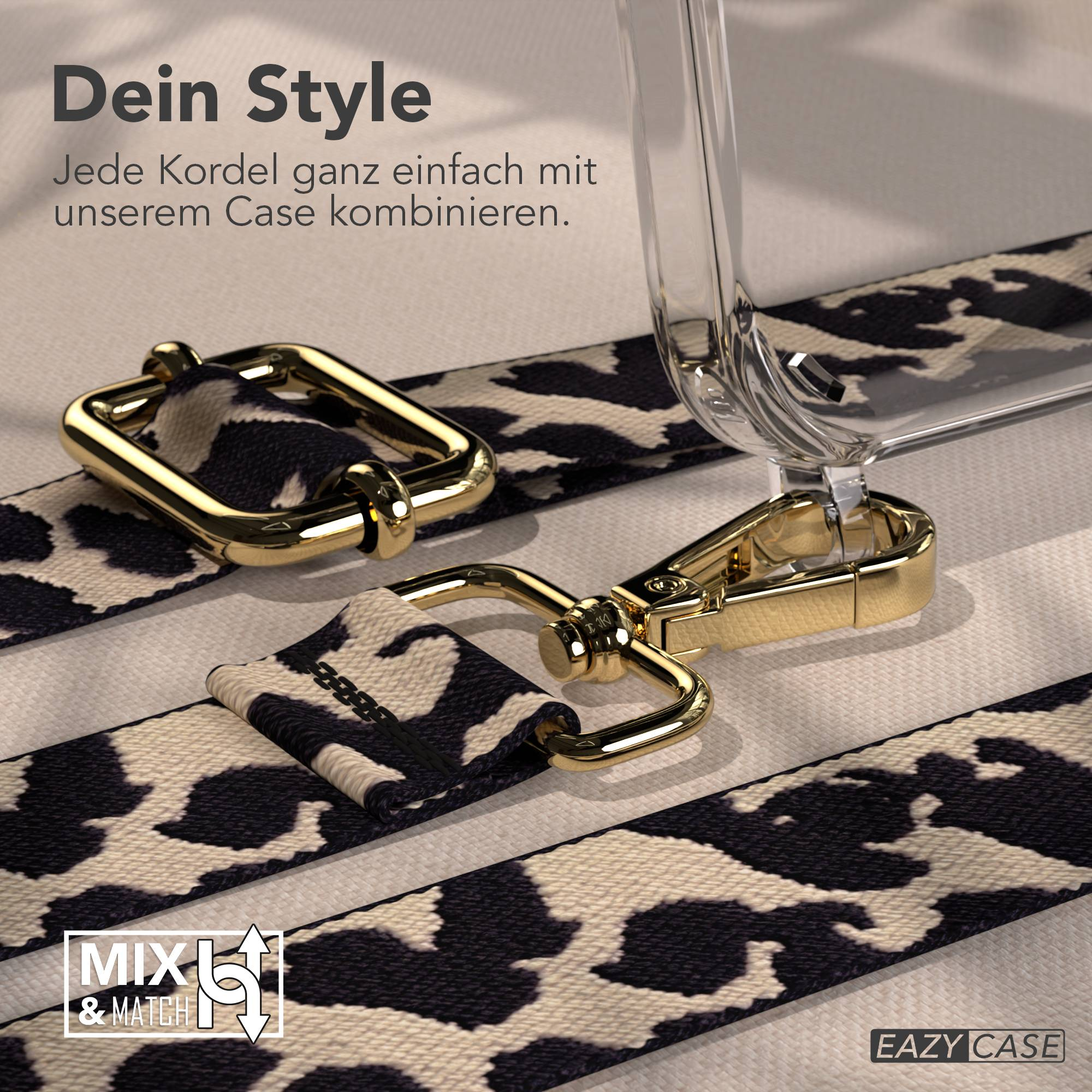 Goldene Verschlüsse auf einem Leo-Muster-Riemen mit Hülle.