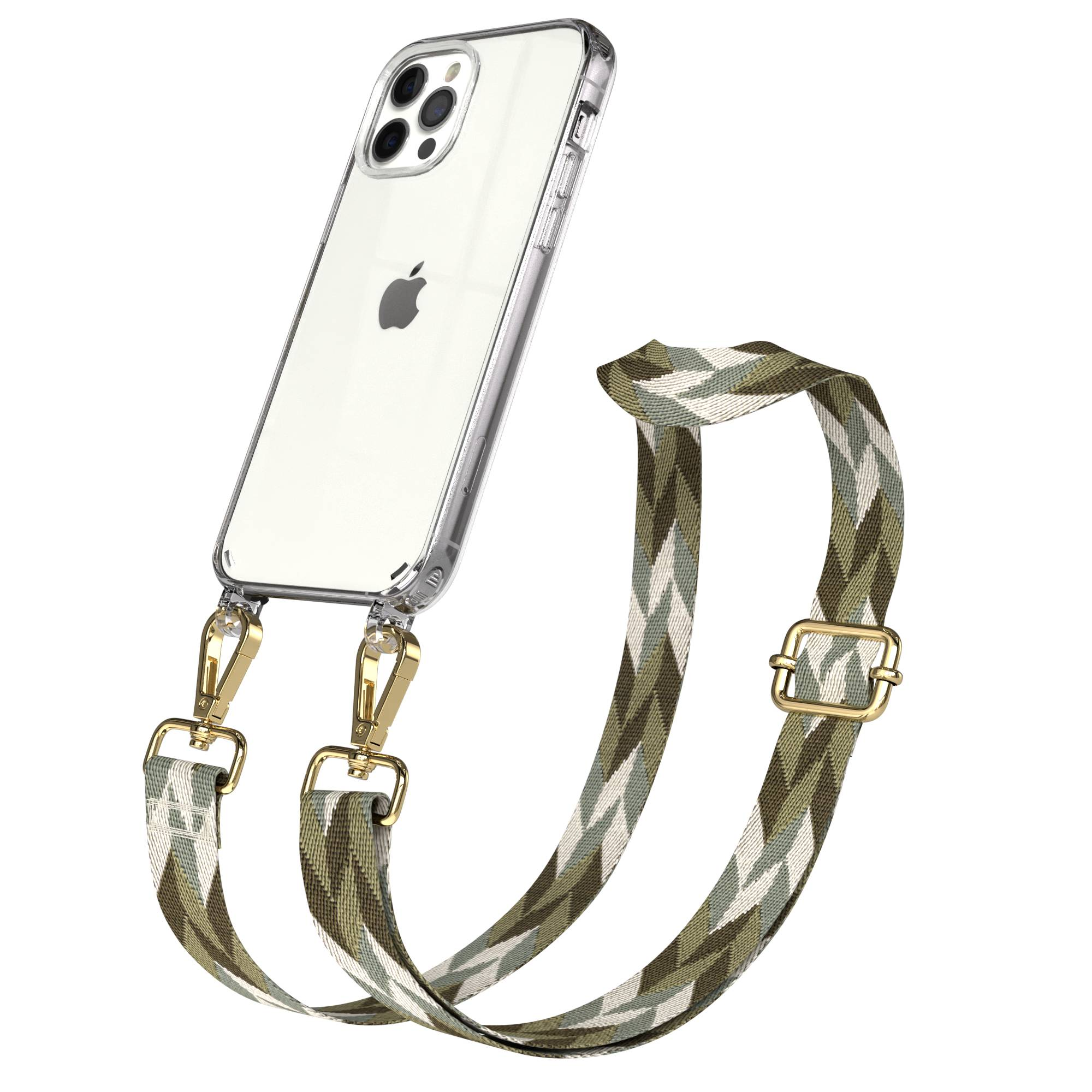 iPhone mit durchsichtigem Hülle und Camouflage-Trageband mit goldenen Beschlägen.