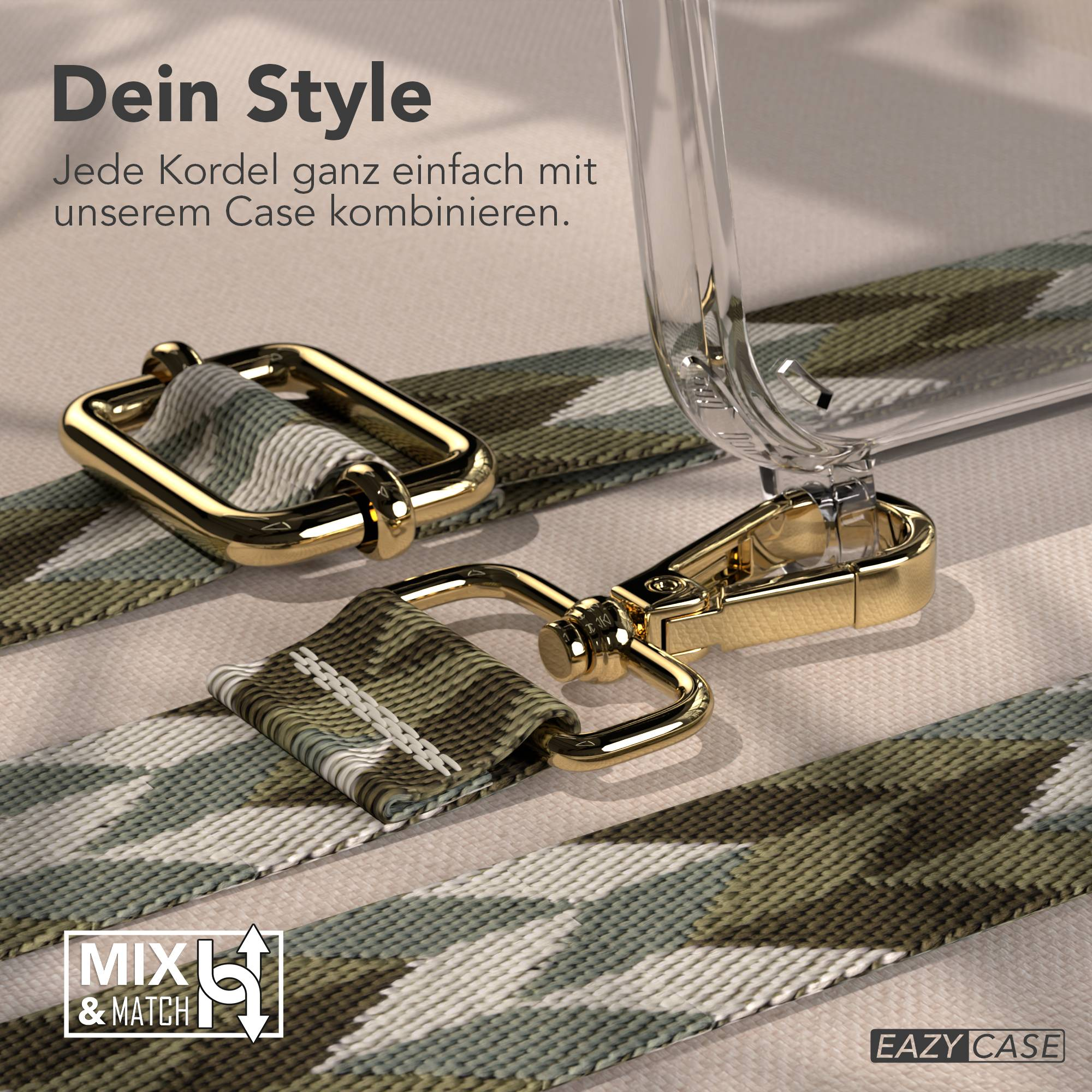 Goldene Verschlüsse und ein Tarnriemen verbinden sich mit einer klaren Handyhülle.