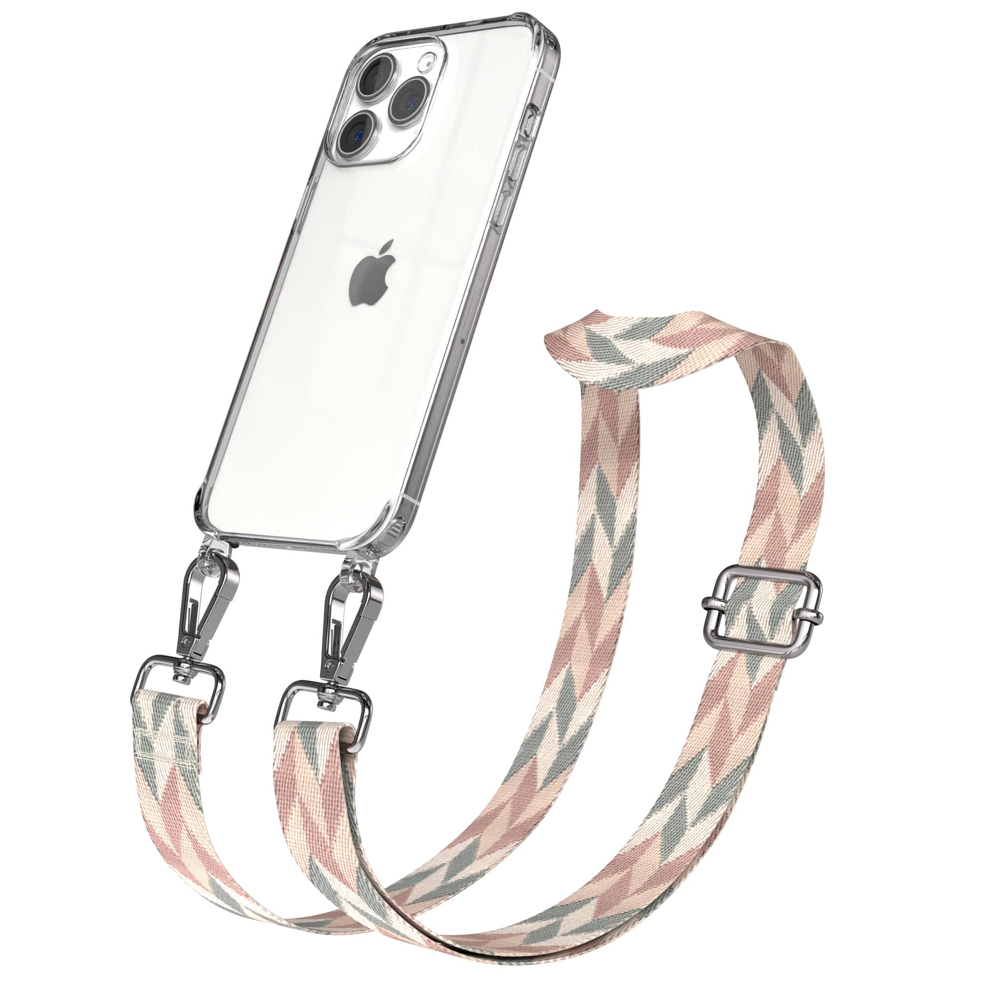Transparente Handyhülle mit gemustertem Riemen in Rosa, Grün und Beige. Metallverschlüsse befestigen Riemen an Hülle.