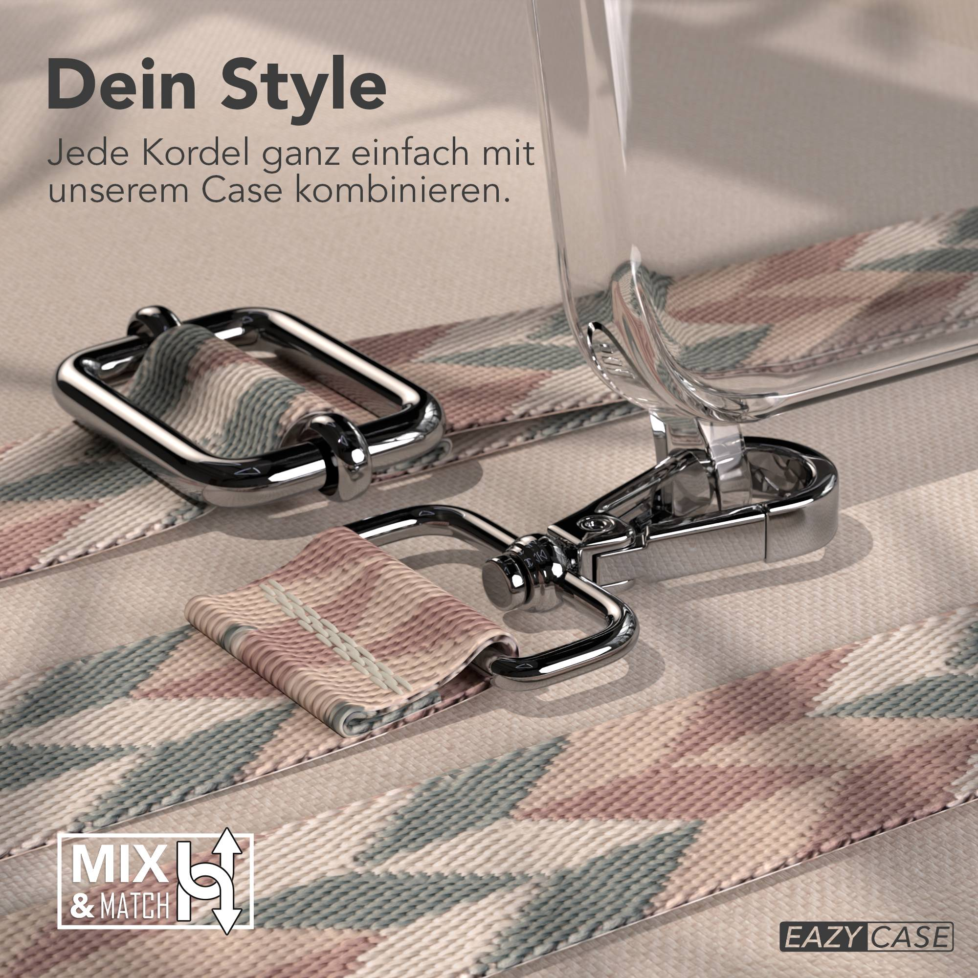 Ein Handy-Trageriemen mit geometrischem Muster und silbernen Schnallen.