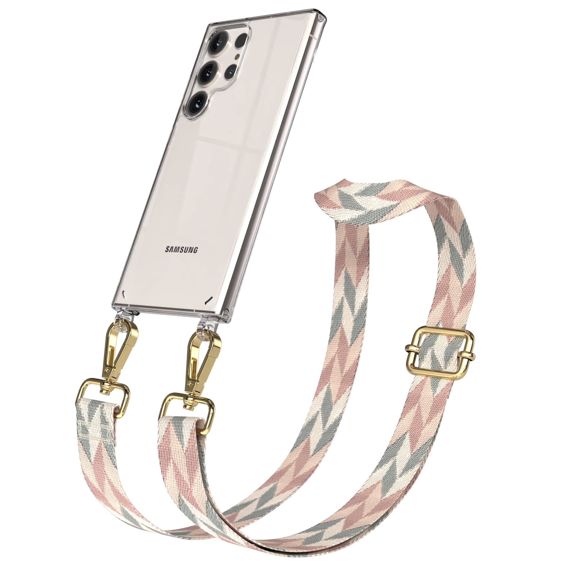 Ein durchsichtiges Samsung Handy mit einem gemusterten Gurt in Rosa, Grau und Beige.