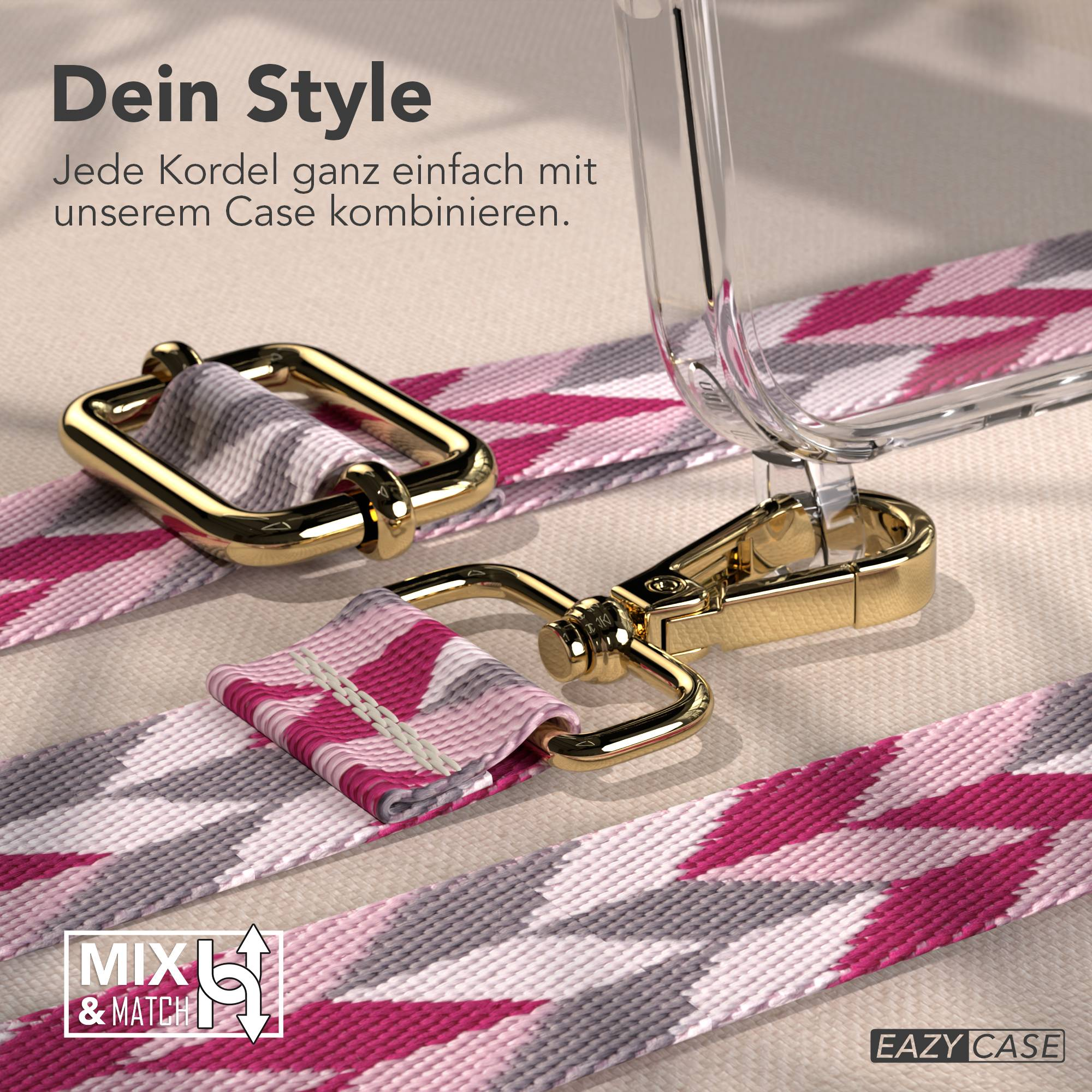 Nahaufnahme eines gemusterten Riemens in Pink, Grau und Weiß mit goldener Hardware, an einer Hülle befestigt.