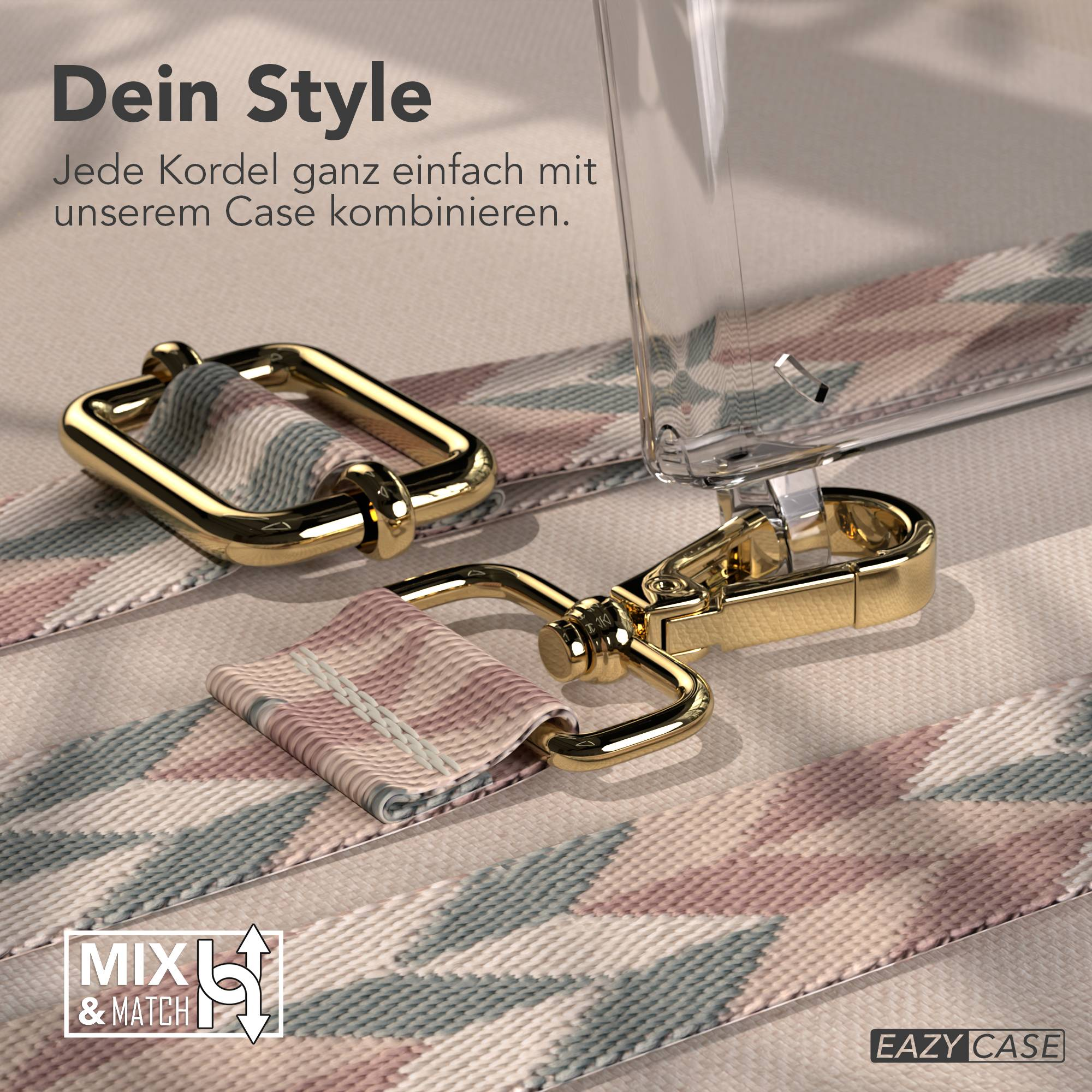 Goldene Schnallen verbinden ein gemustertes Band mit einem Klarsicht-Case.