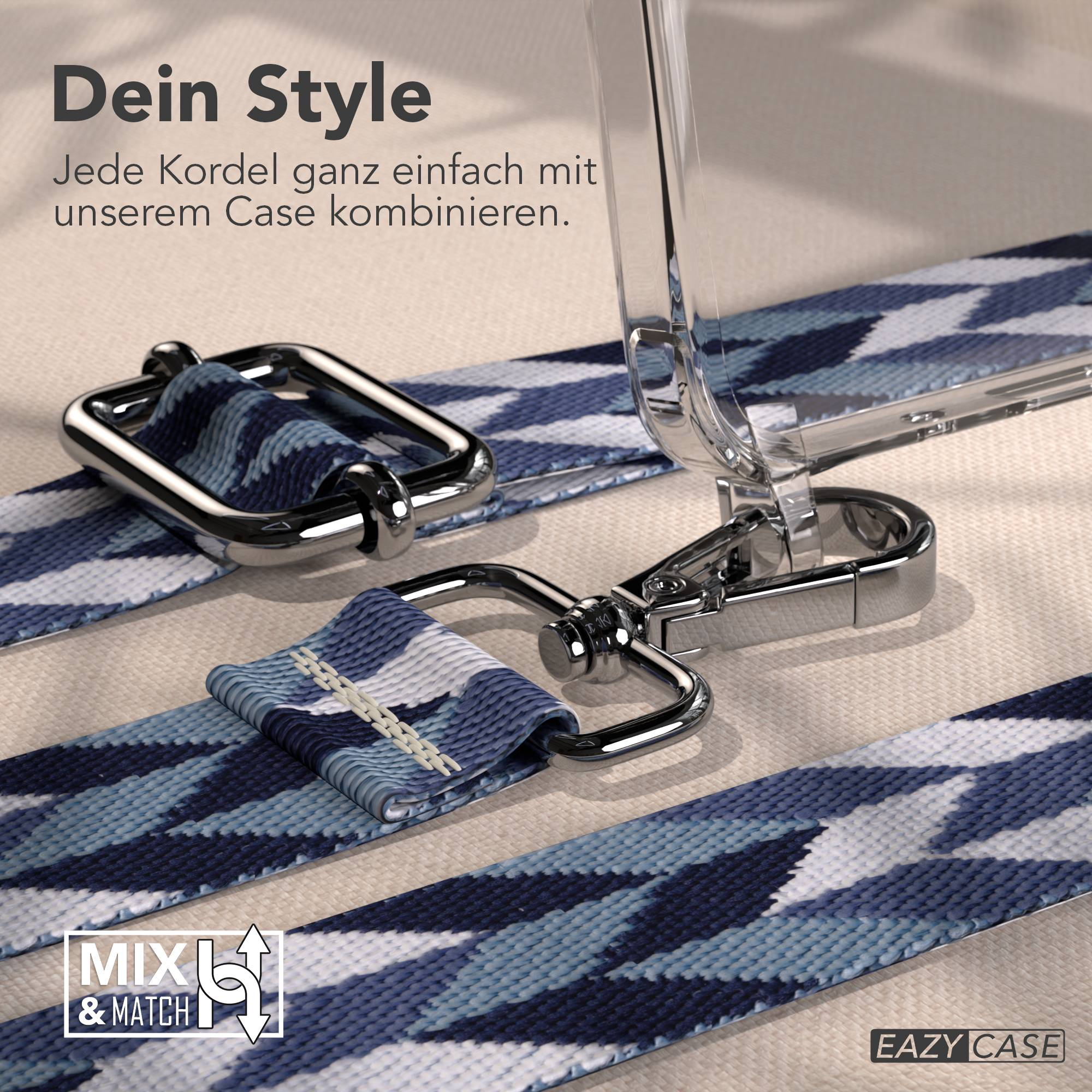 Ein blauer, gemusterter Kordelriemen mit silbernen Metallbeschlägen.
