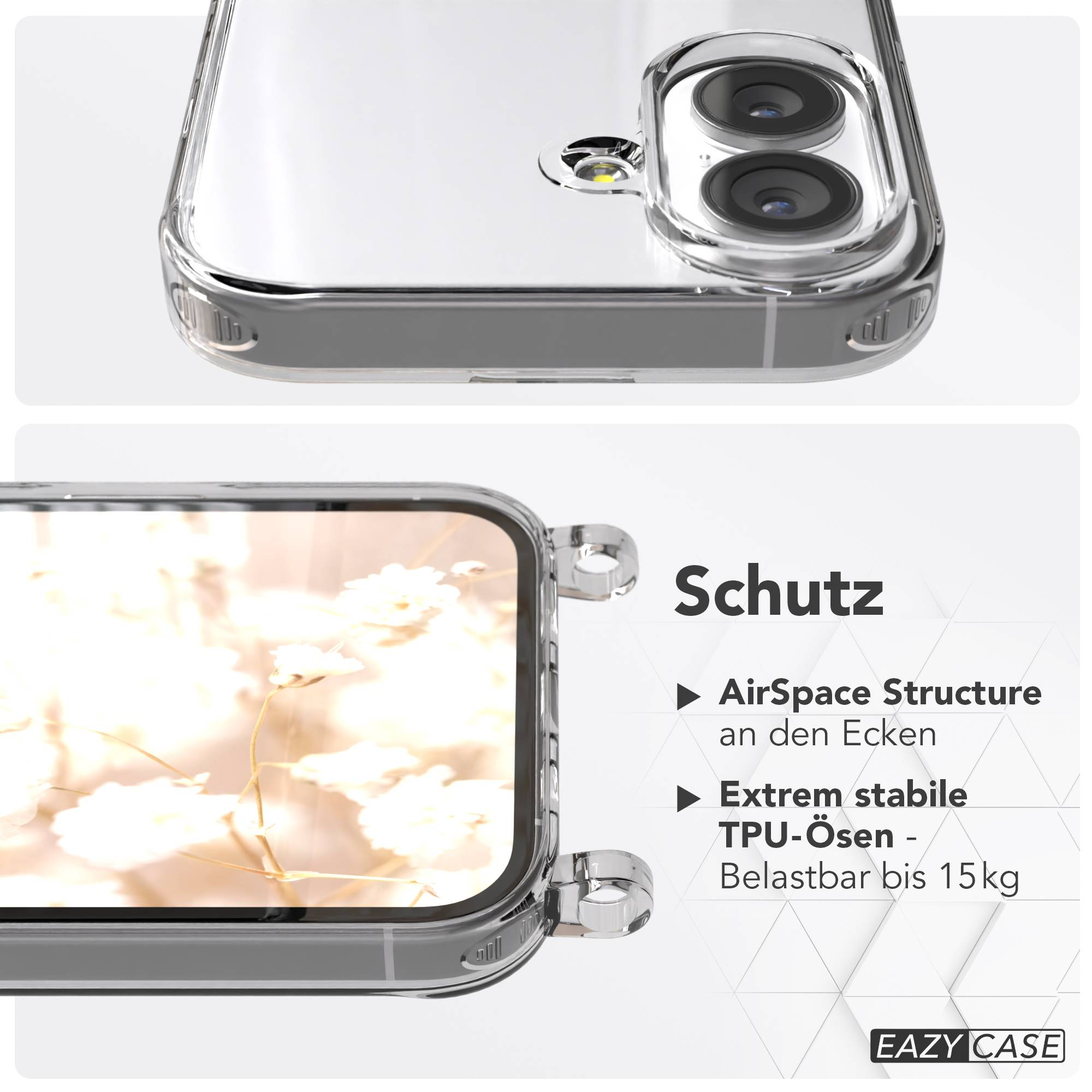 Transparente Handyhülle mit Kamera-Detail und Text 'Schutz'.