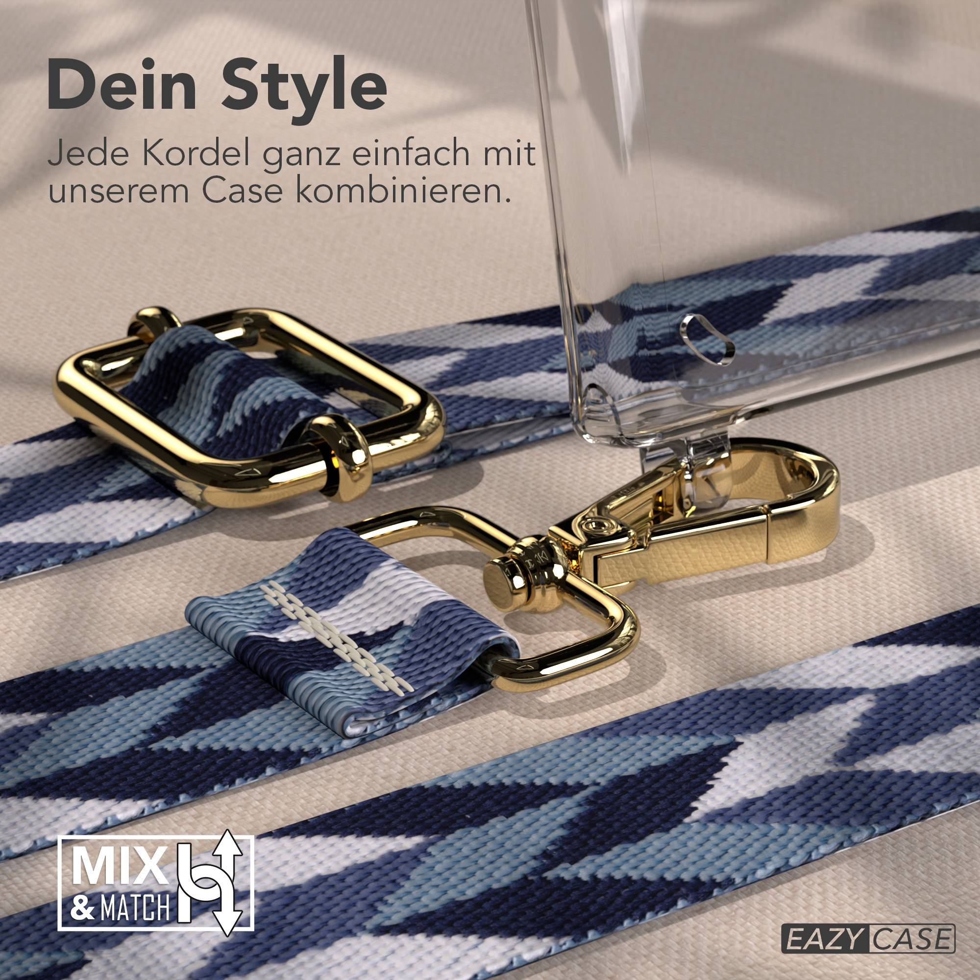 Blau-weiße Kordel mit goldenen Schnallen und einem transparenten Handyhülle-Detail.