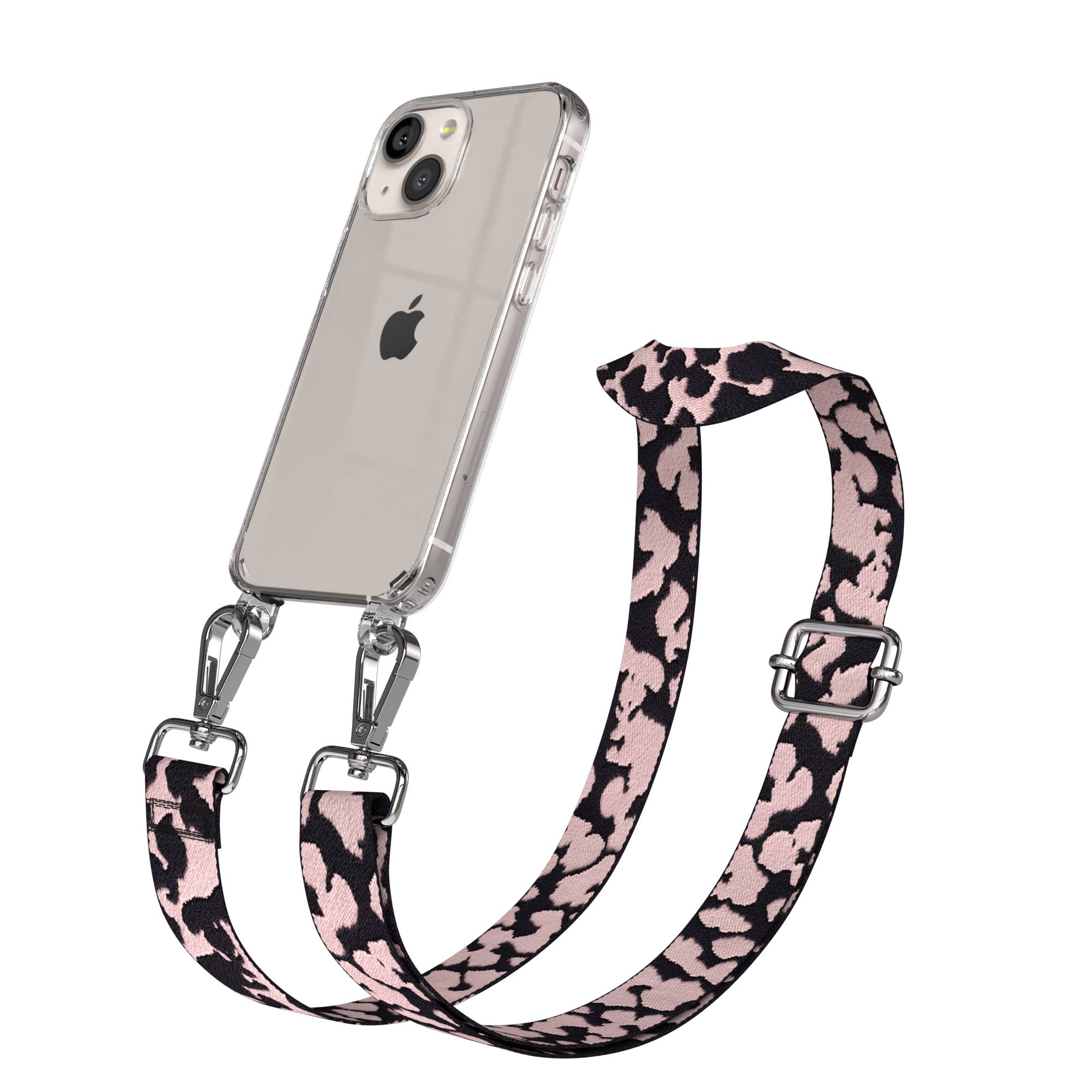 Ein transparentes iPhone mit Leopardenmuster-Trageriemen, befestigt mit silbernen Clips.