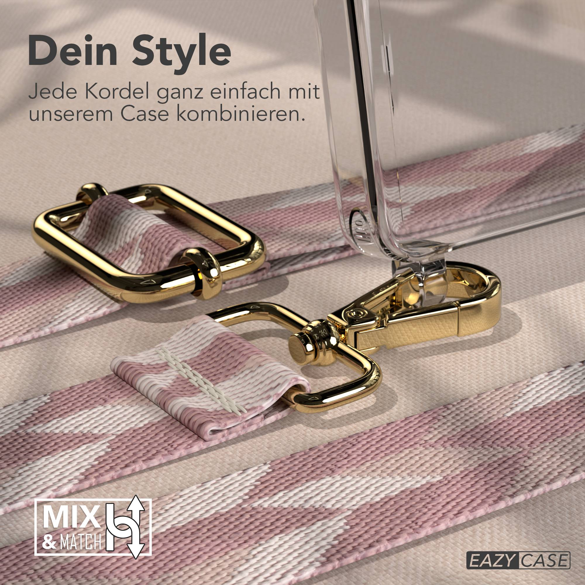 Goldener Karabiner und Kordel mit rosa Muster an einer Hülle.