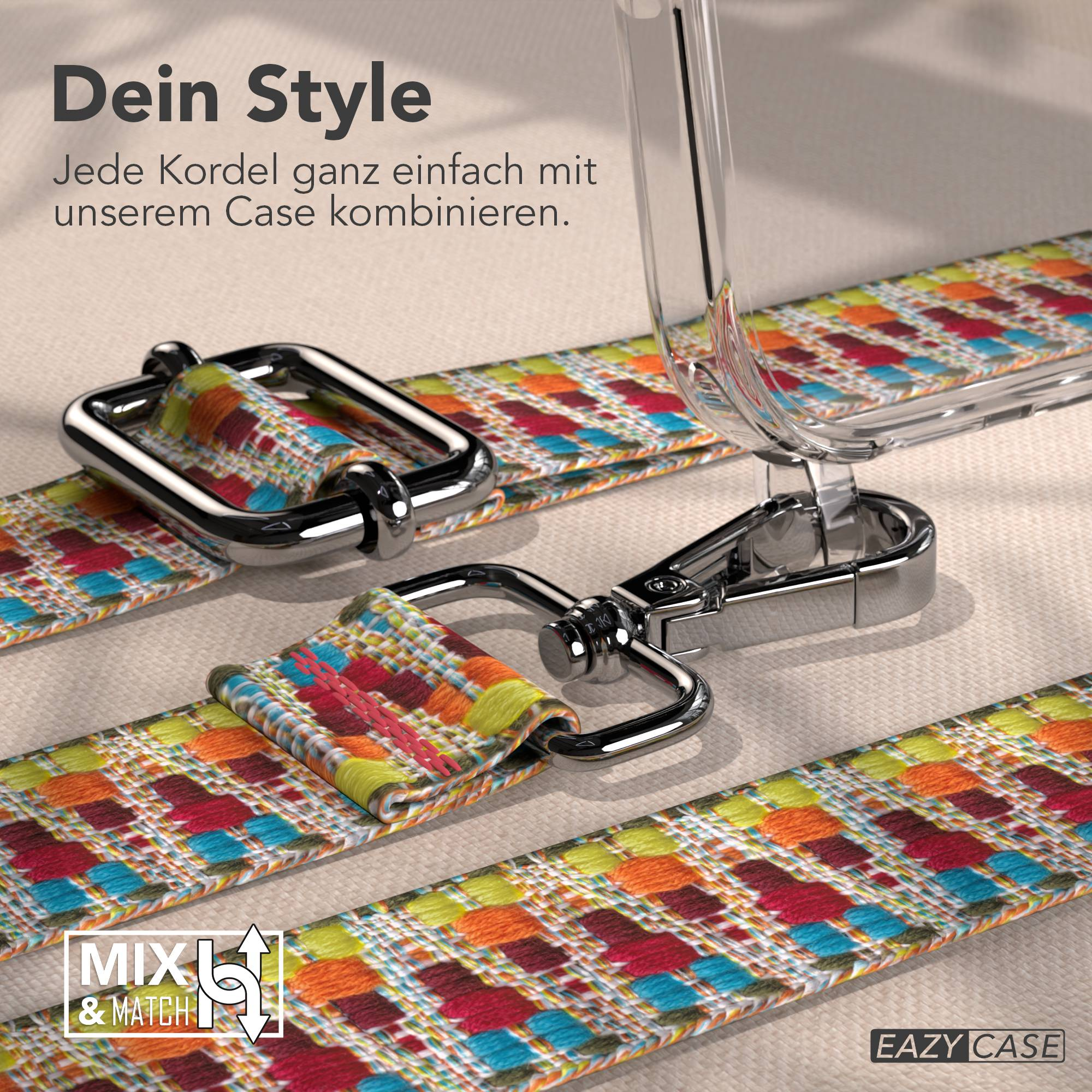 Buntes gewebtes Band mit Metallverschlüssen und Hülle.