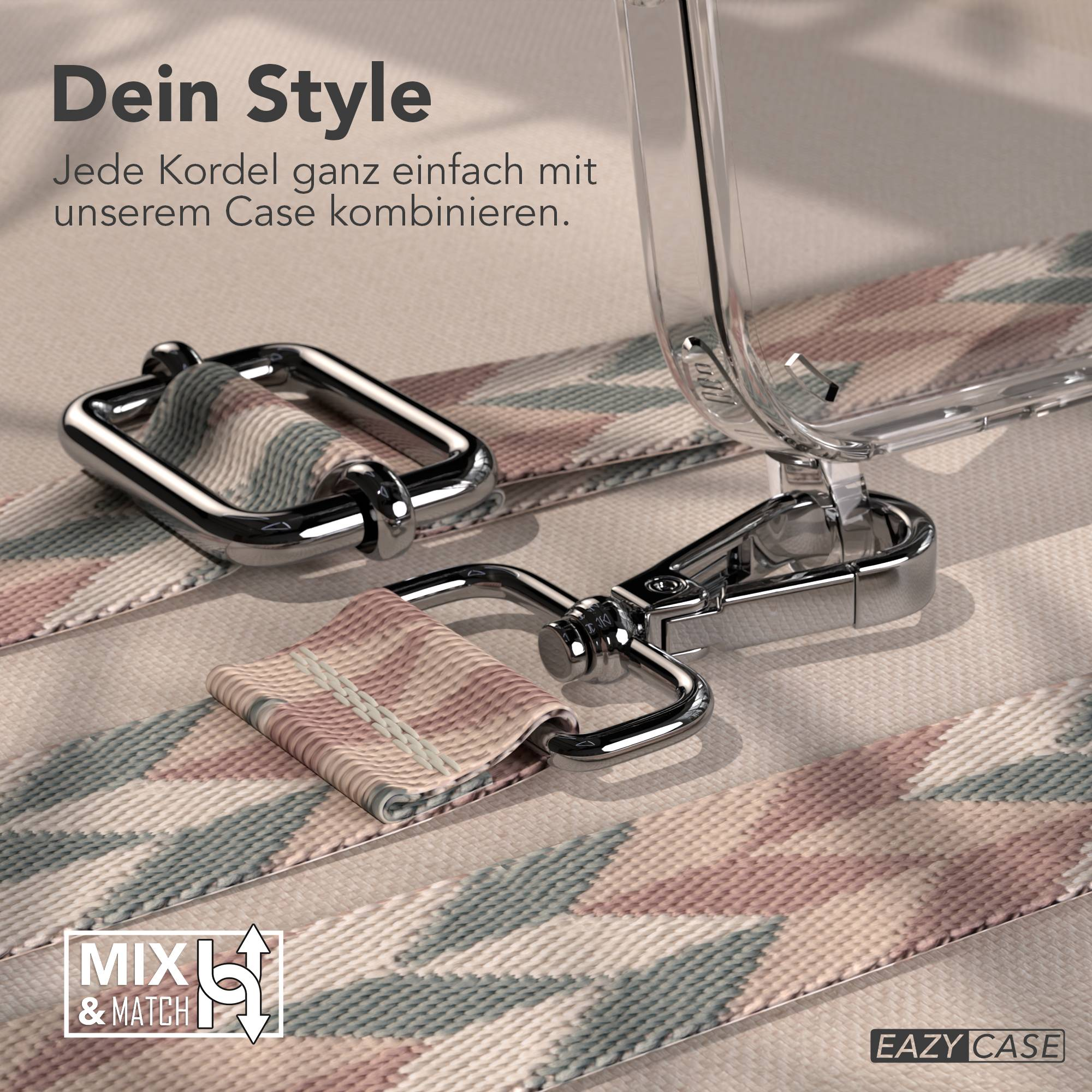 Eine Handykette mit silbernen Beschlägen und einem geometrischen Muster.