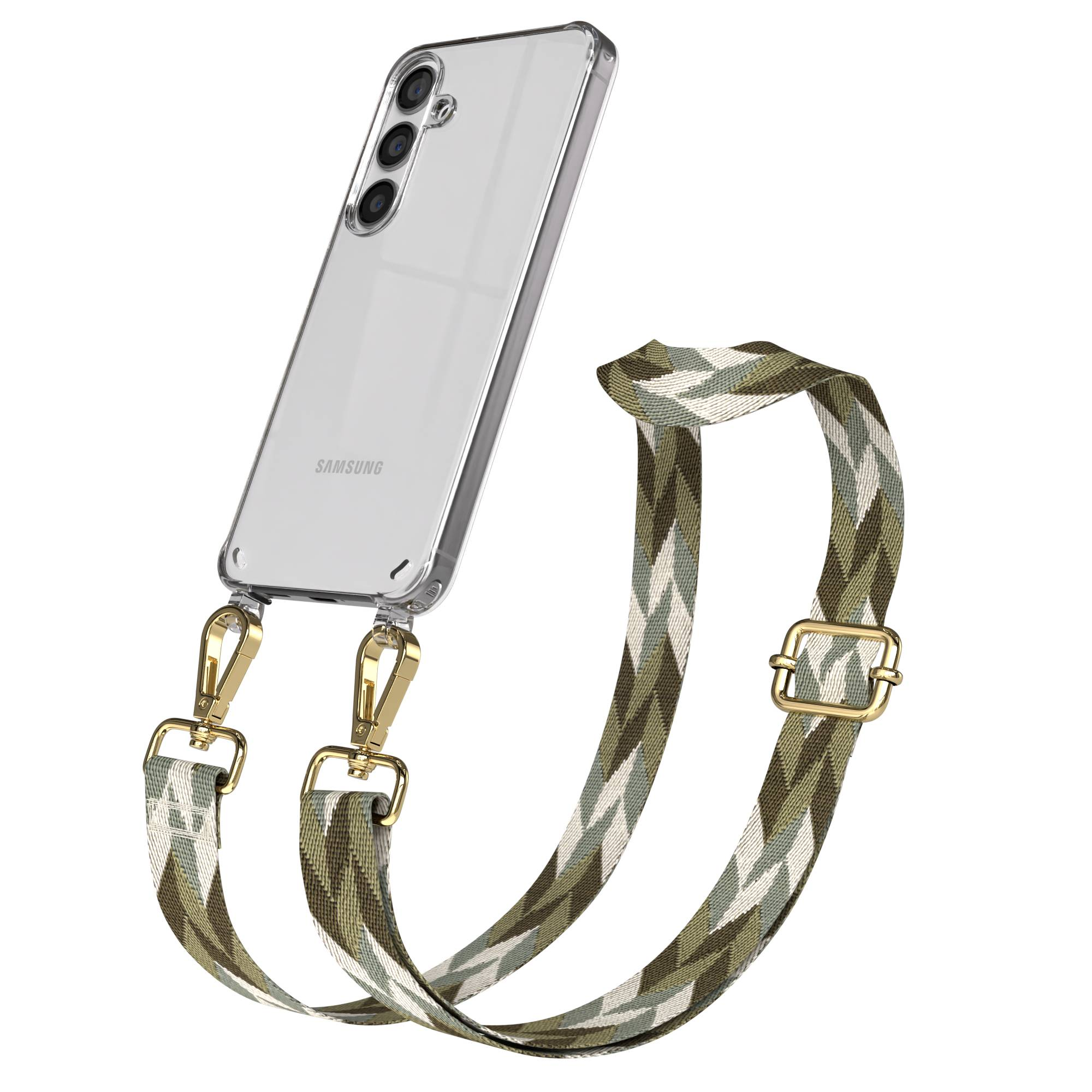 Ein transparentes Handy mit einem Camouflage-Trageriemen mit goldenen Schnallen.