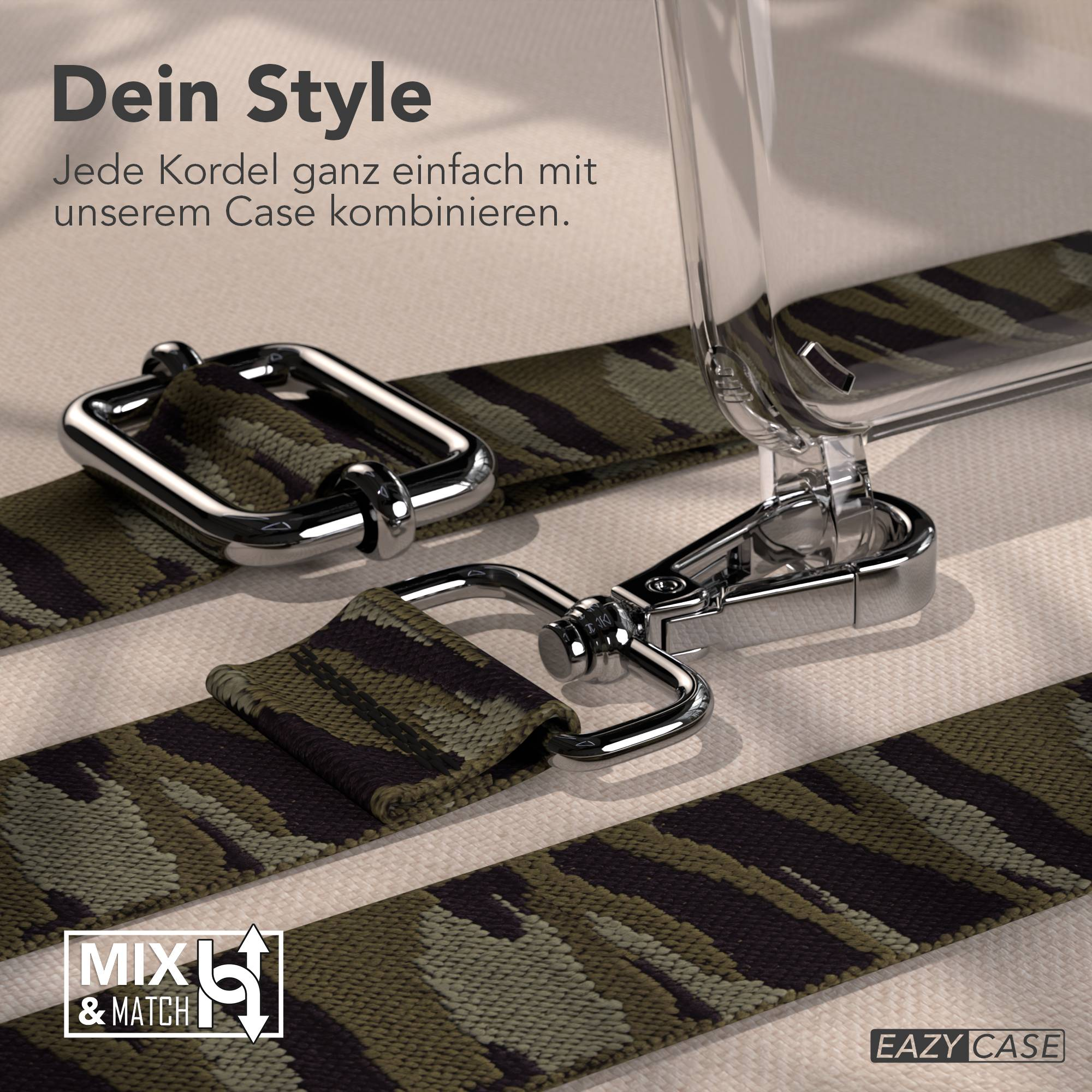 Ein Camouflage-Gurt mit silbernen Verschlüssen wird an einer transparenten Handyhülle befestigt. Text: 'Dein Style'.