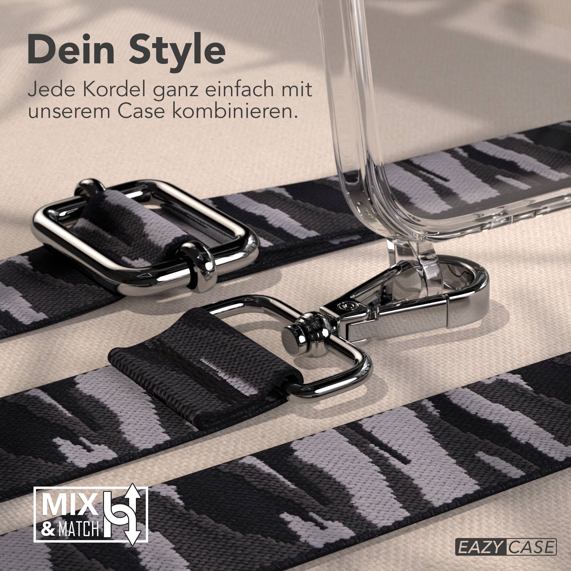 Klare Handyhülle mit schwarzem und grauem Tarnband und Metallverschlüssen.