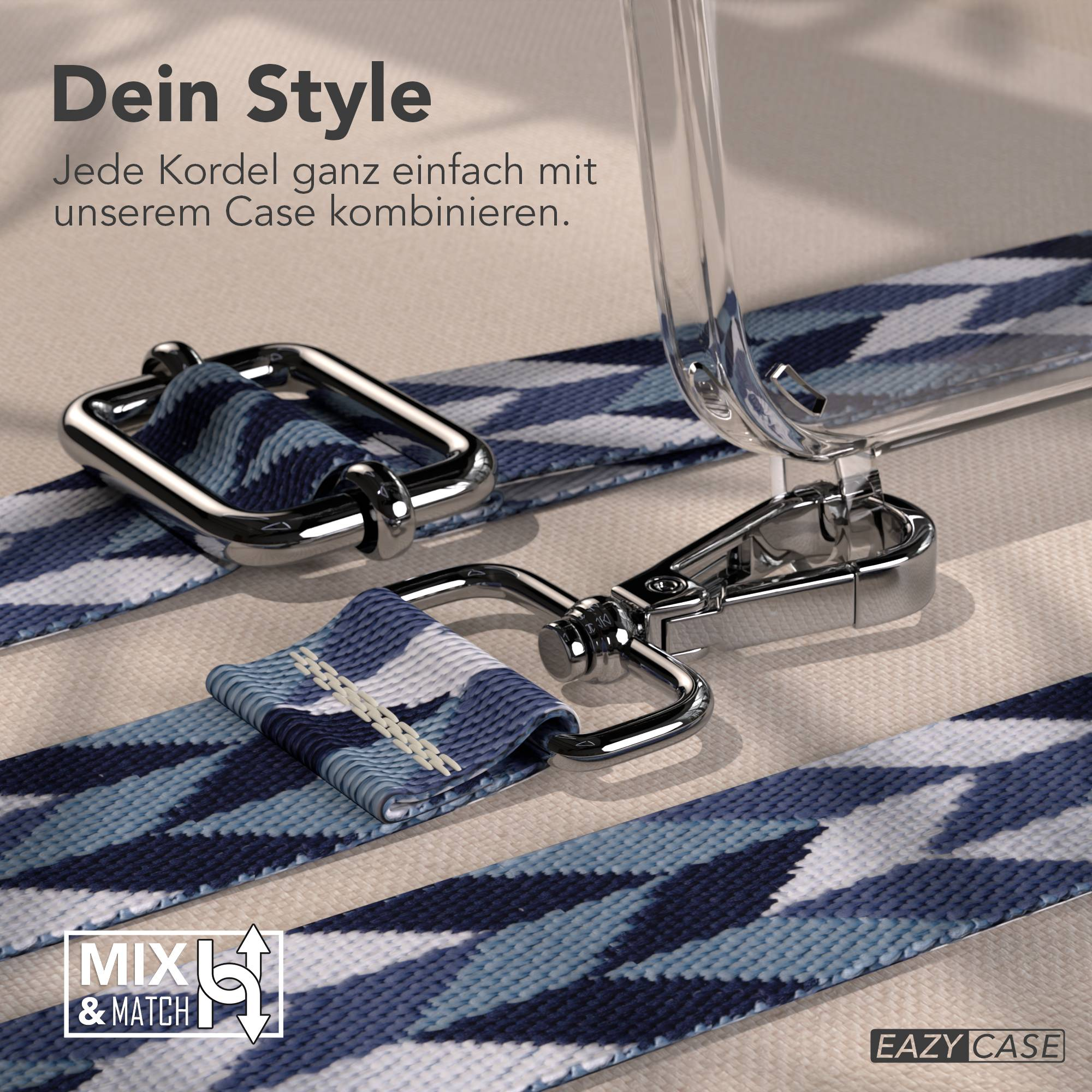 Ein Handyhüllen-Gurt mit blauem, weißem und grauem geometrischem Muster und Metallverschlüssen.
