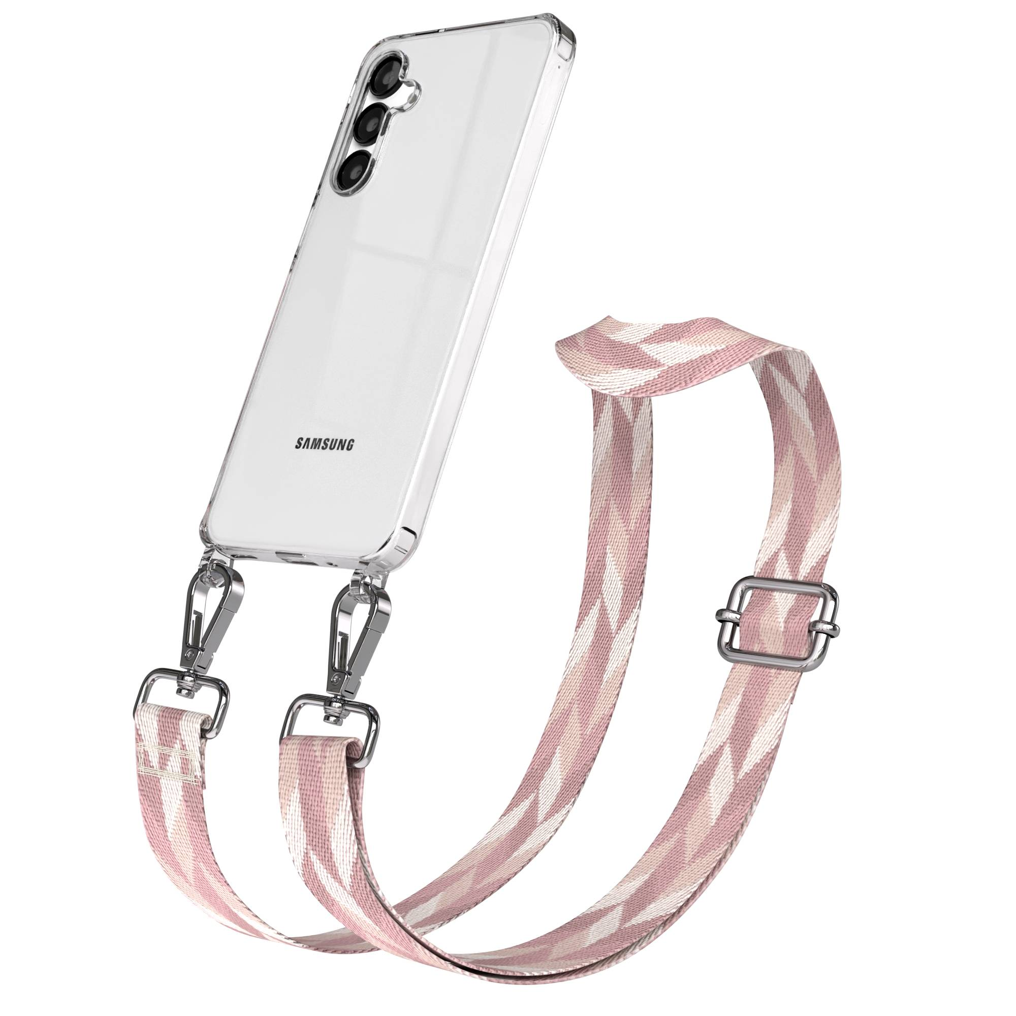 Transparente Handyhülle mit pink-weißem Gurt und silbernen Clips.