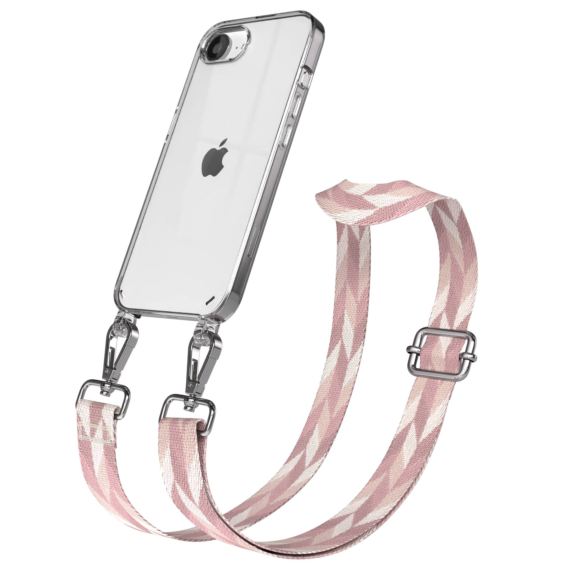 Ein transparentes iPhone mit einem Camouflage-Muster-Trageband in Rosa und Weiß.