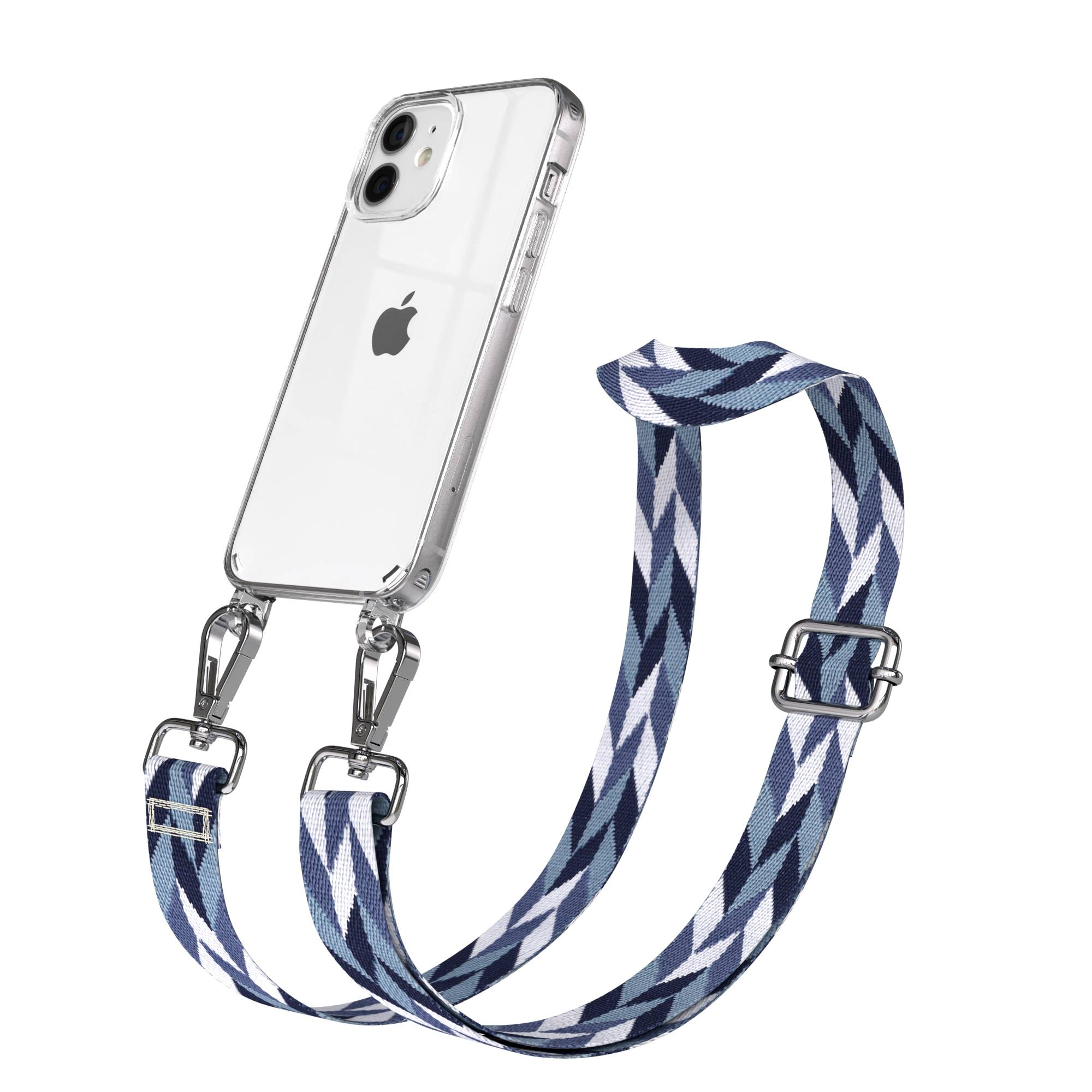 Ein transparentes iPhone-Gehäuse mit einem blauen, geometrischen Gurt.