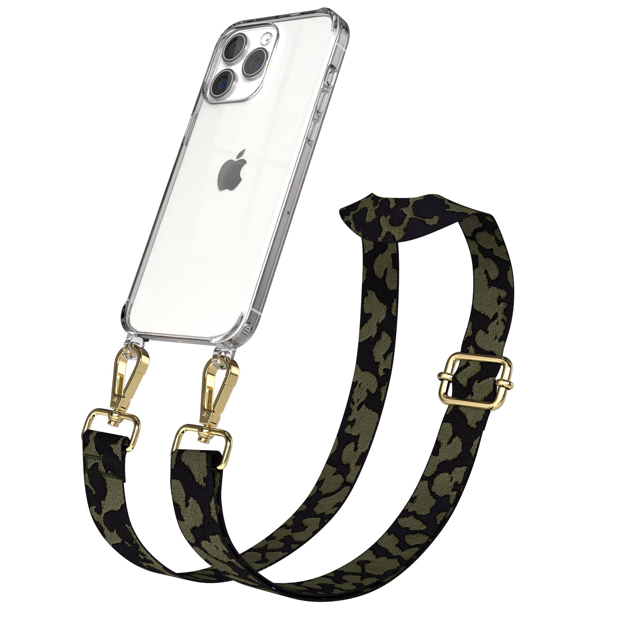 Klare iPhone-Hülle mit camouflage-Muster-Riemen, befestigt mit goldenen Clips.