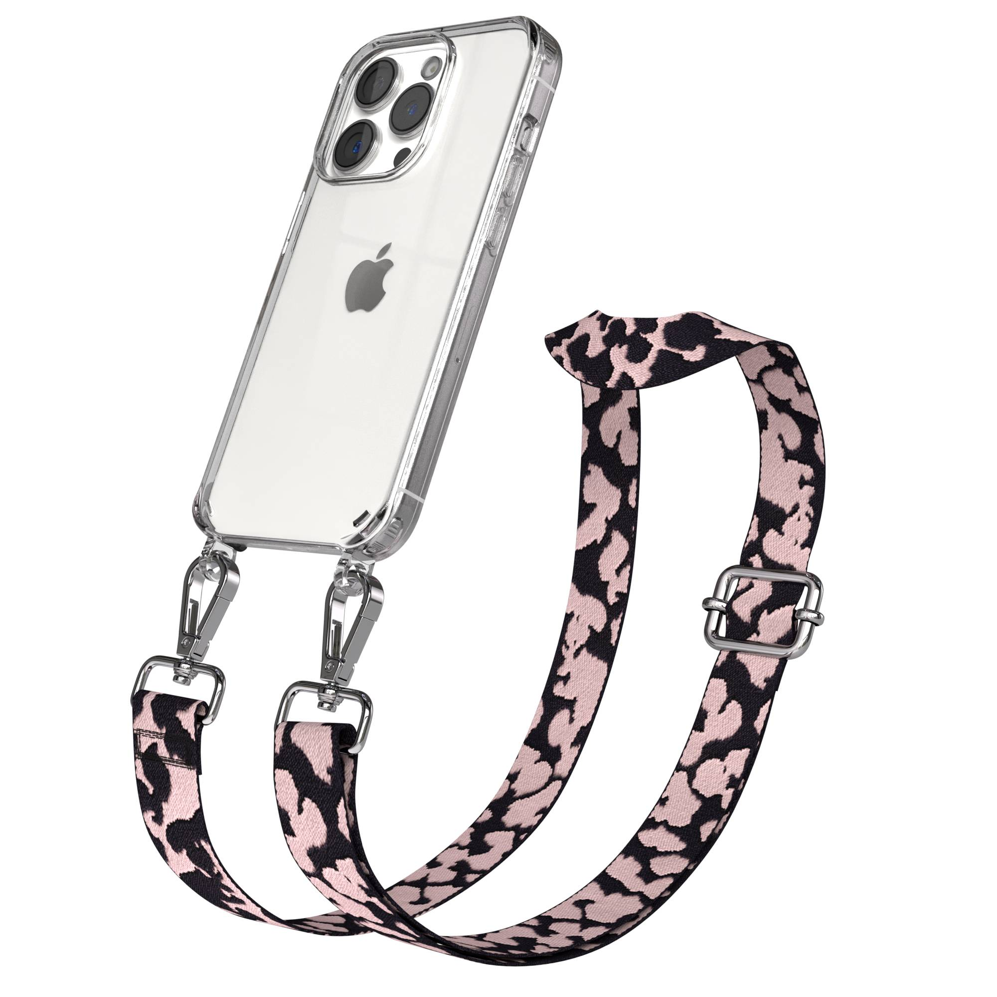 Ein durchsichtiges iPhone-Case mit einem Leopardenmuster-Gurt in Rosa und Schwarz.