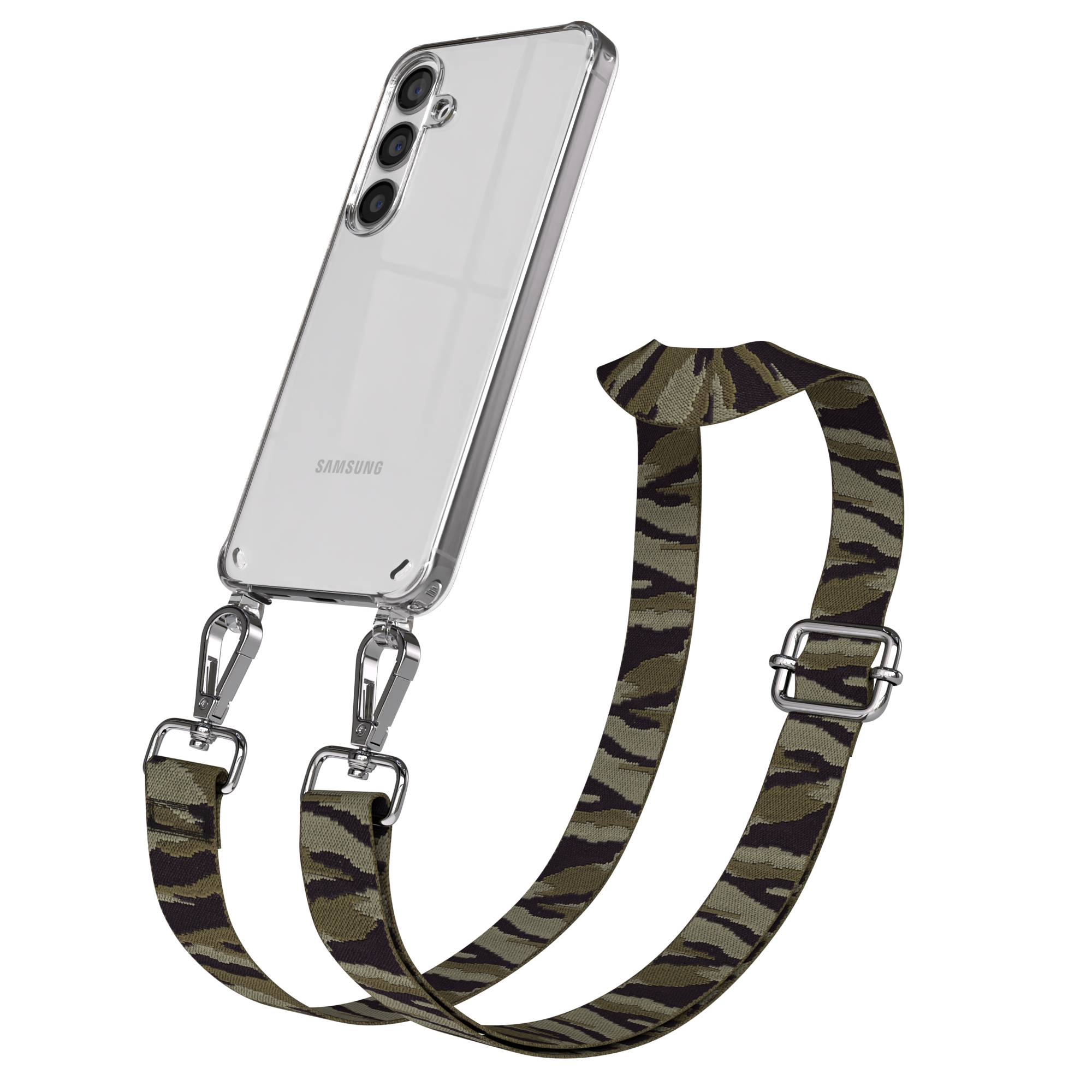 Transparente Handyhülle mit Camouflage-Riemen, befestigt durch silberne Clips. Samsung-Logo sichtbar.