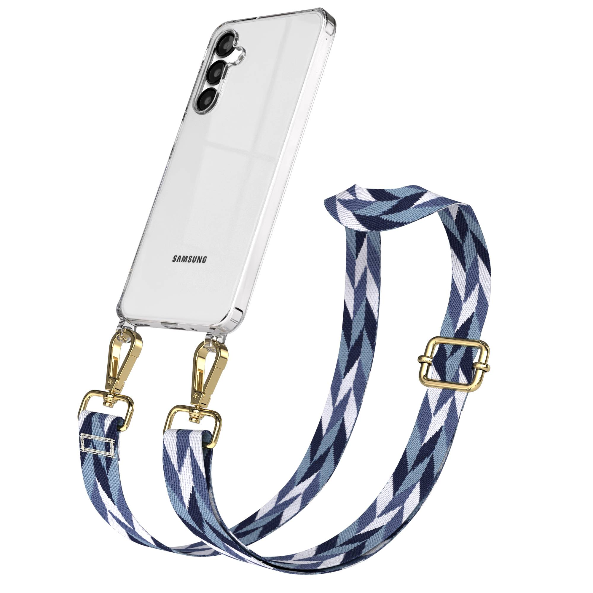 Ein durchsichtiges Samsung-Handy mit einer blau-weißen Umhängetasche mit Riemen.