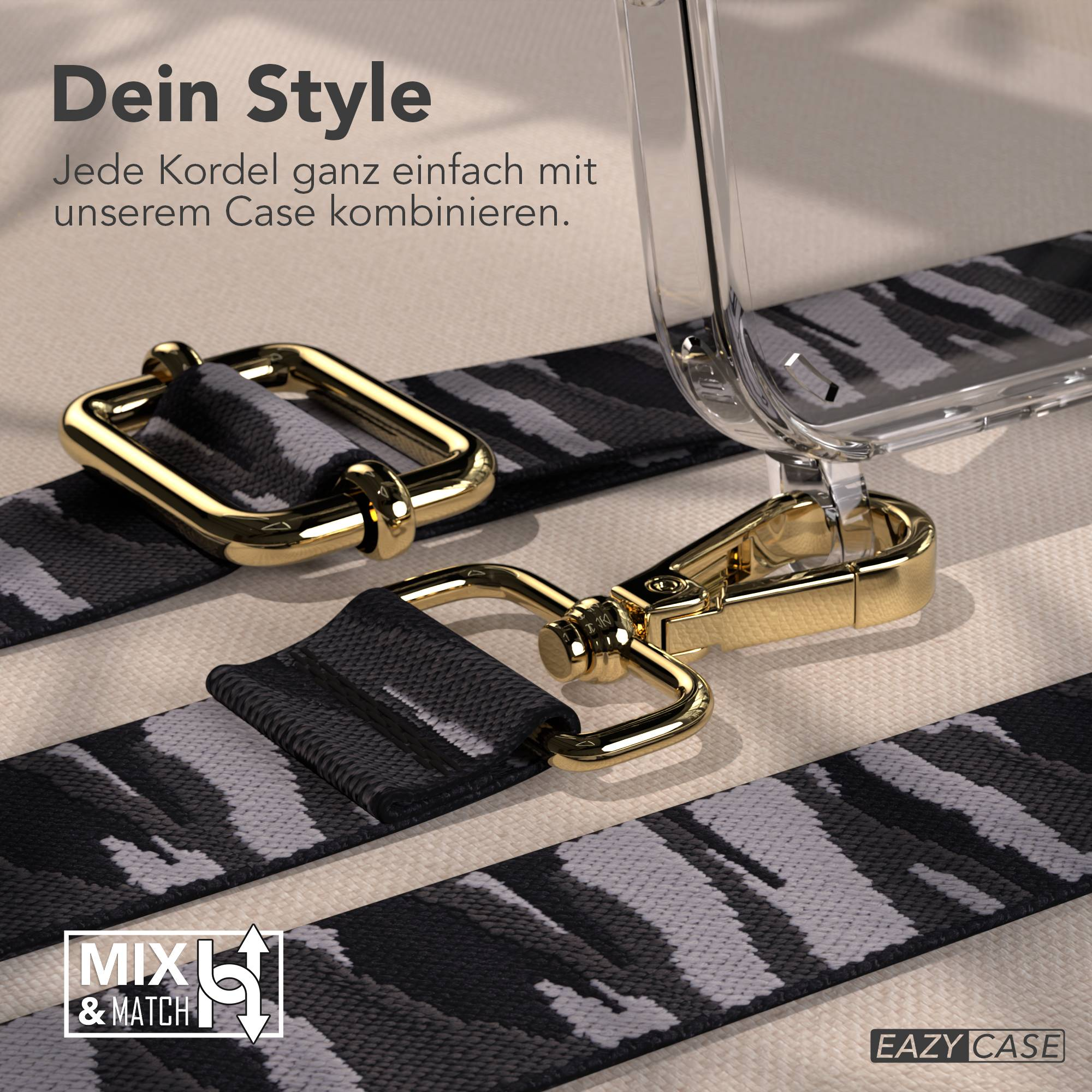Klare Handyhülle mit Camouflage-Gurt und goldenen Beschlägen. Mix & Match Logo.