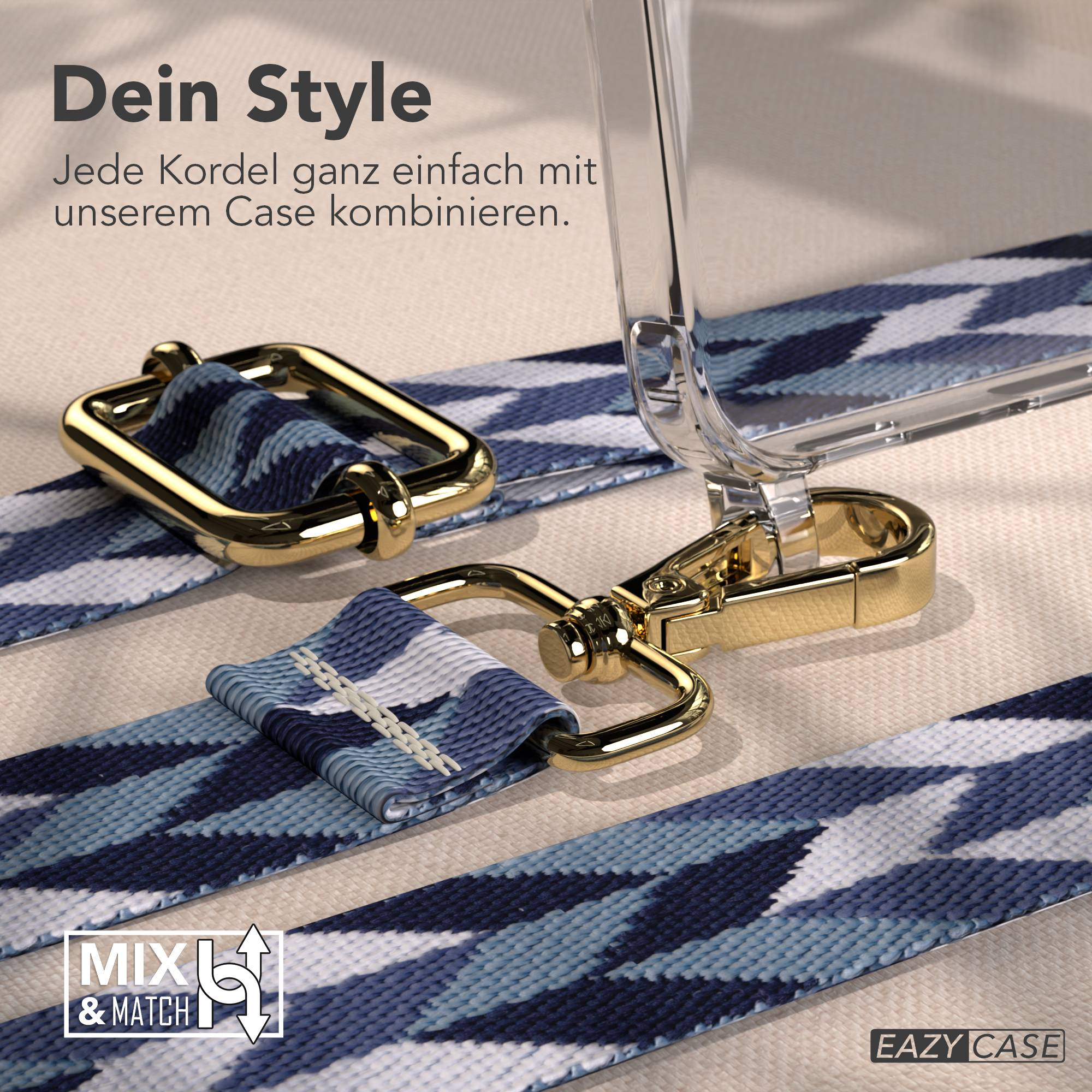 Transparente Handyhülle mit blauem, gemustertem Band und goldenen Beschlägen.