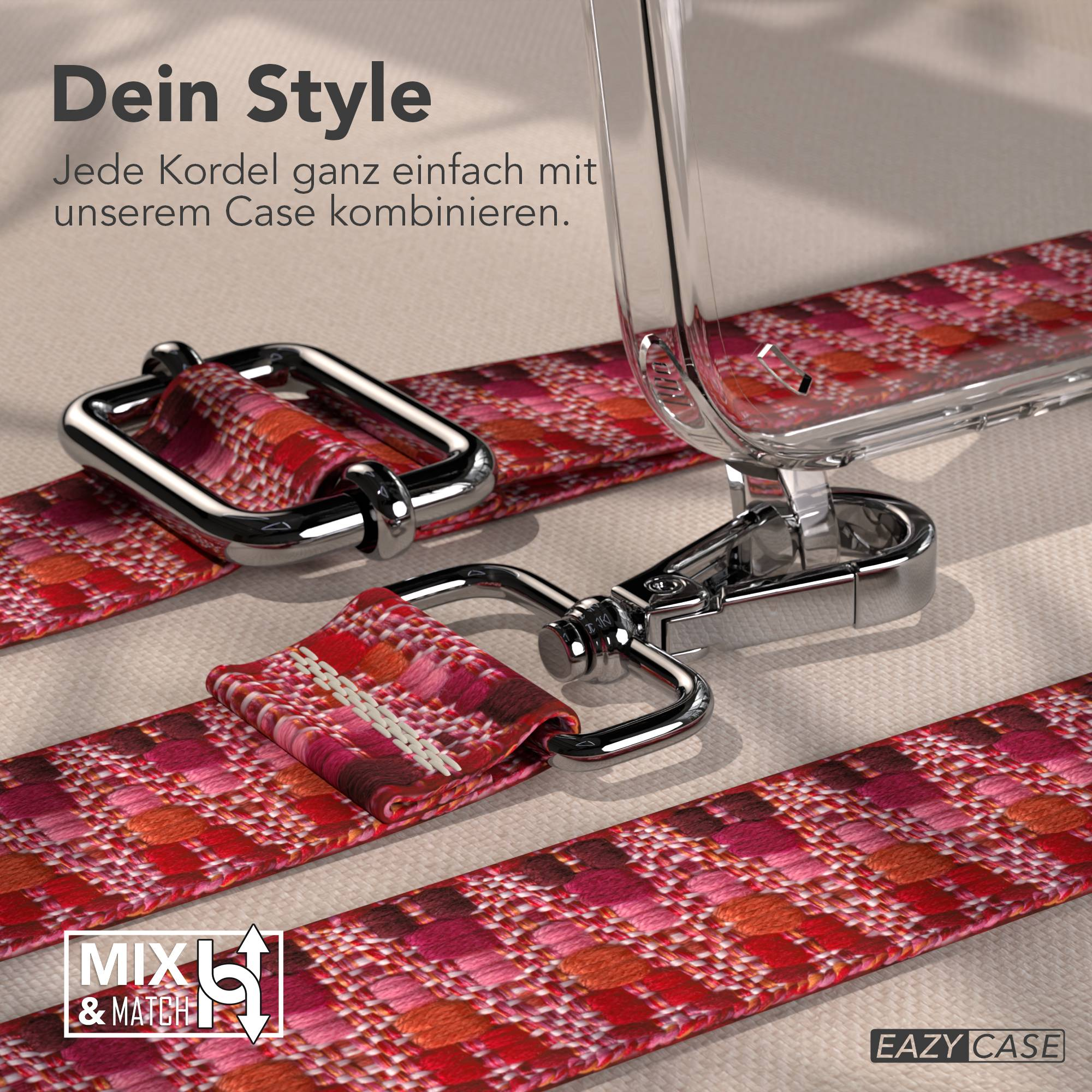 Roter, gemusterter Kordel mit silbernen Schnallen und einem transparenten Hülle.