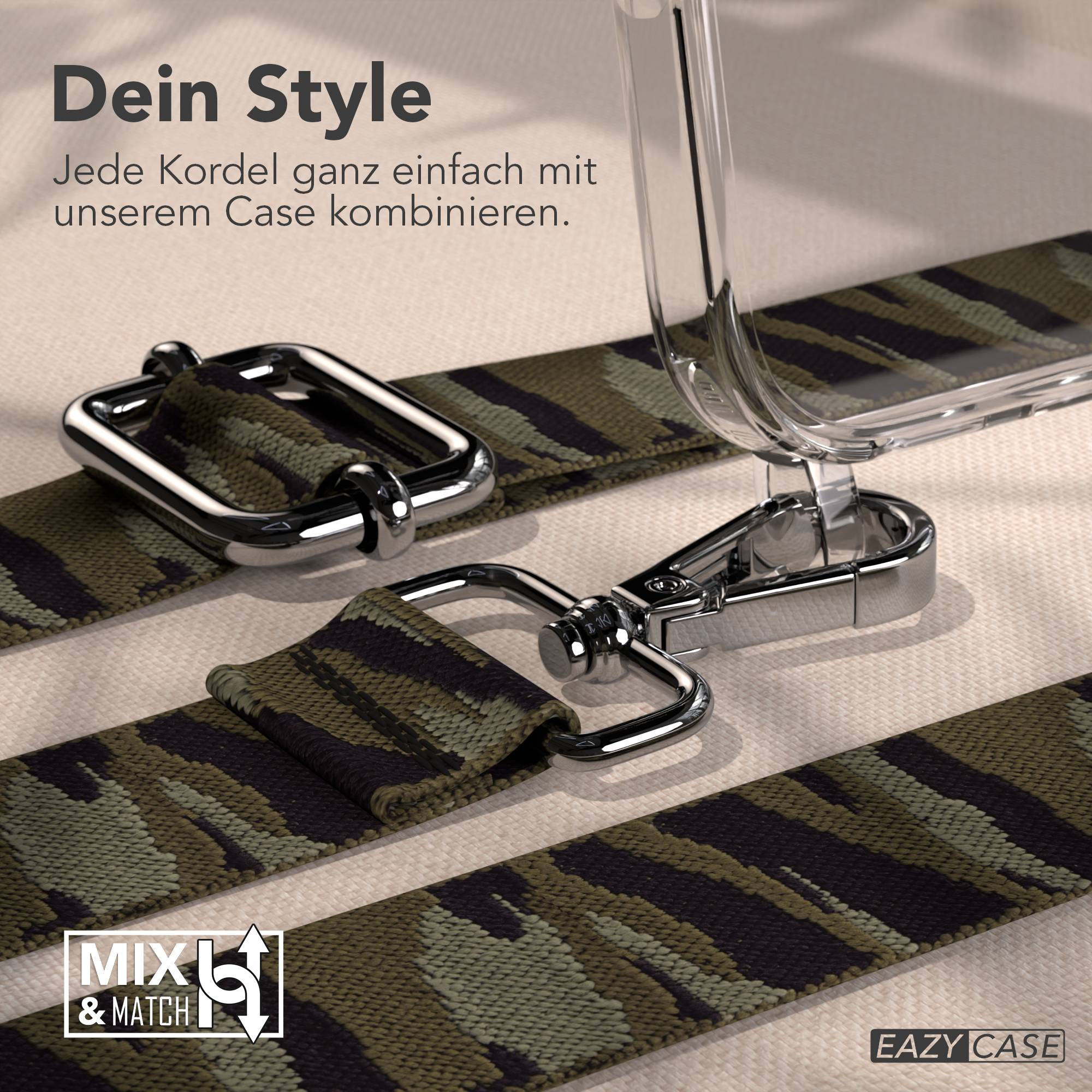 Ein transparentes Handyhülle mit einem Camouflage-Tragegurt und silbernen Beschlägen.